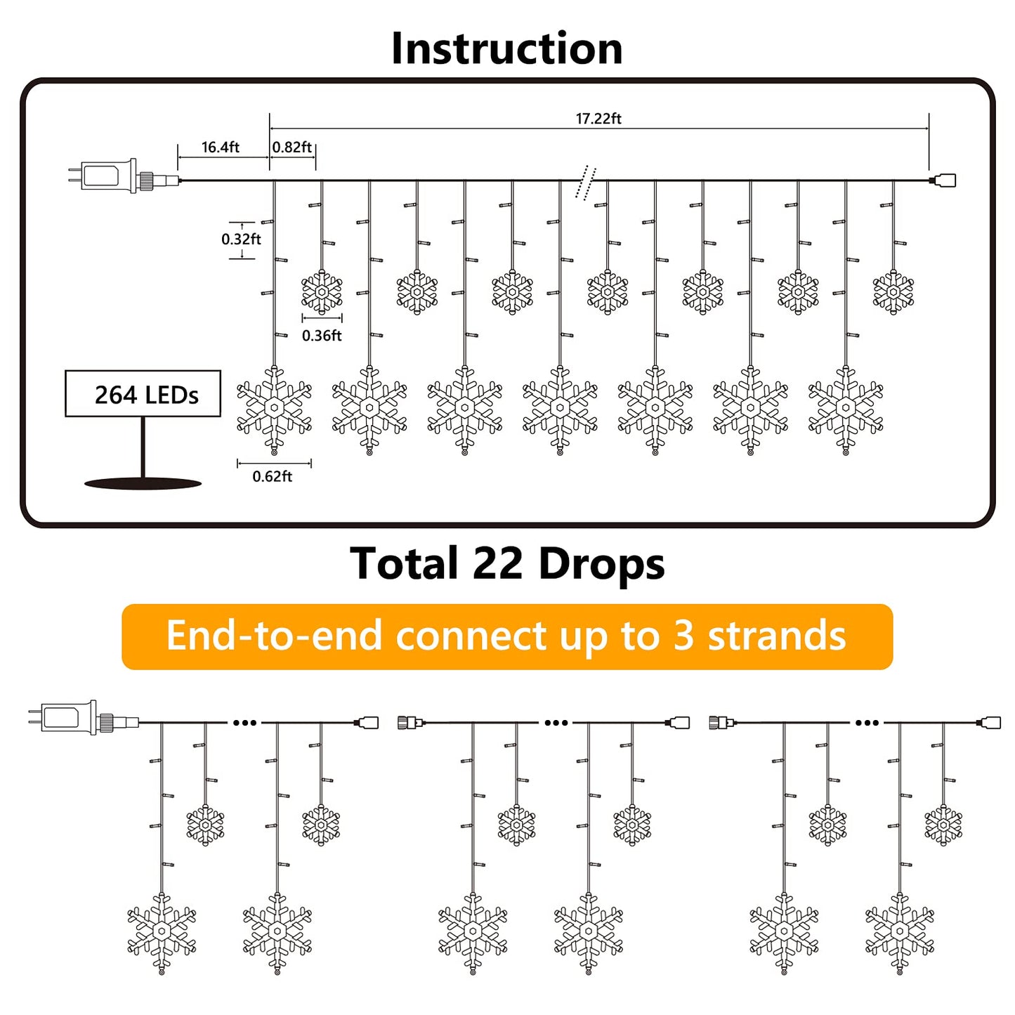 Toodour Christmas Snowflake Lights Outdoor, 17.22ft 264 LED Snowflake Icicle Lights with 22 Drops, Connectable, 8 Modes Waterproof White Christmas Light for Curtain, Eaves, Window, Xmas Decorations