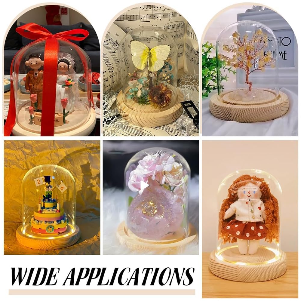 PH PandaHall 4.2" x 5.5" Glass Display Dome Cloche, Glass Dome Clear Bell Jar Display Case Tabletop Centerpiece with Solid Wood Base for DIY Snow Globes Flowers Plants Birthday Home Decor, Light Brown