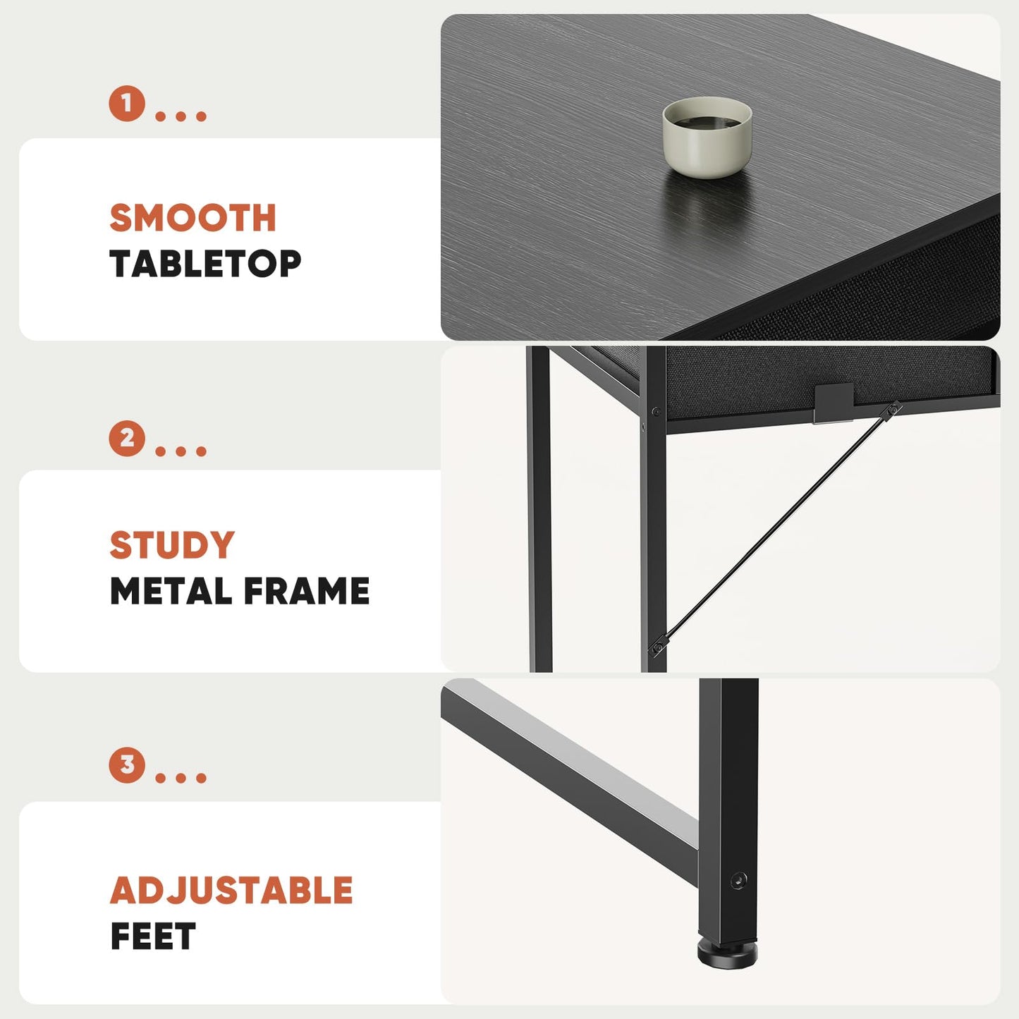 DUMOS 32" Home Office Computer Desk with Drawers, Small Gaming Writing Study Table with Storage Side Bag, Headphone Hook and Adjustable Feet for Bedroom Black