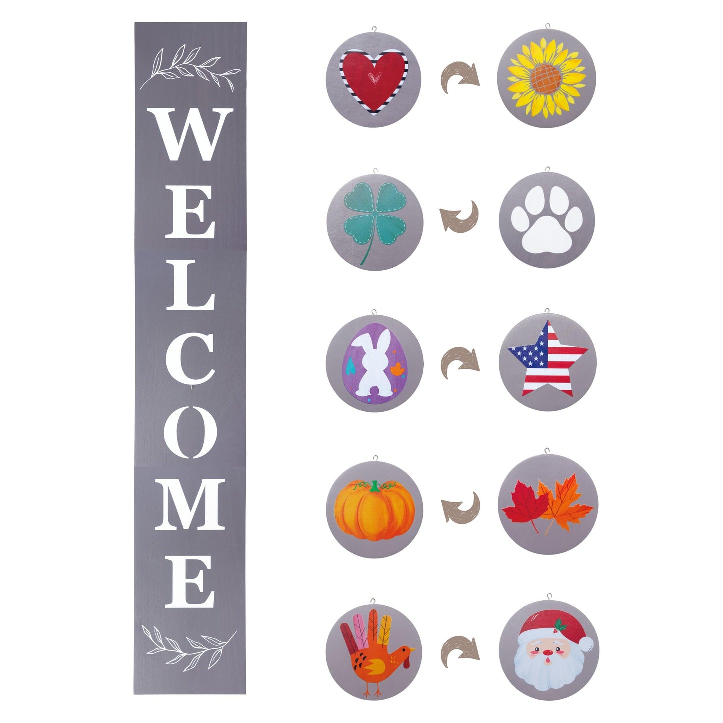 Perfnique Interchangeable Welcome sign for front porch standing, 47 x 7.9 Inch Black Wooden Leaner Sign with 10 Interchangeable Designed Icons, Morden Farmhouse Rustic Seasonal Decor for Spring Easter