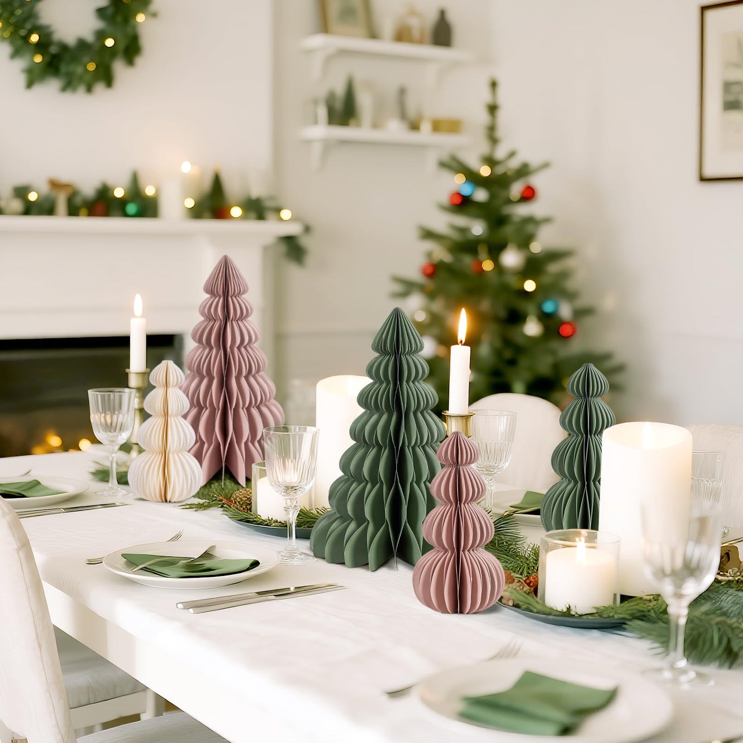 OBBOLO 6 Pcs Paper Christmas Tree, Beige, Sage Green and Dusty Pink Tabletop Christmas Decorations with Magnetic Closure, 12" & 6" Foldable Reusable Holiday Trees for Mantel, Table Centerpiece