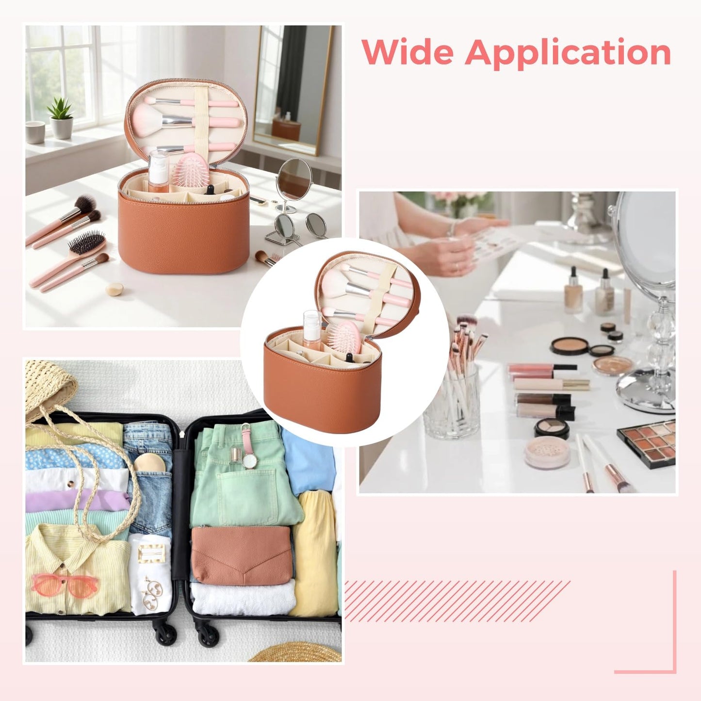 Makeup Vanity Bag for Women - Large Capacity Cosmetic Organizer with Removable Liner, Waterproof PU Leather Skincare Bag, Portable Chic Cosmetic Make Up Case for Skincare, Brushes, Accessories, Brown