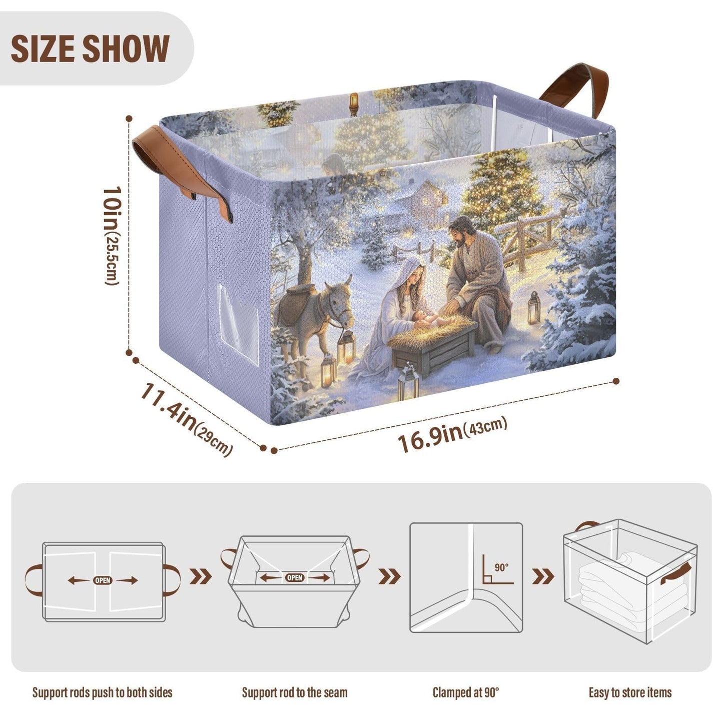 YNNALE Nativity Scene Holy Night Religious Christmas Storage Bins for Shelves with Labels&Handles Fabric Organizer Bin Foldable Rectangle Storage Basket Boxes for Closet,Bathroom, Home, Living Room