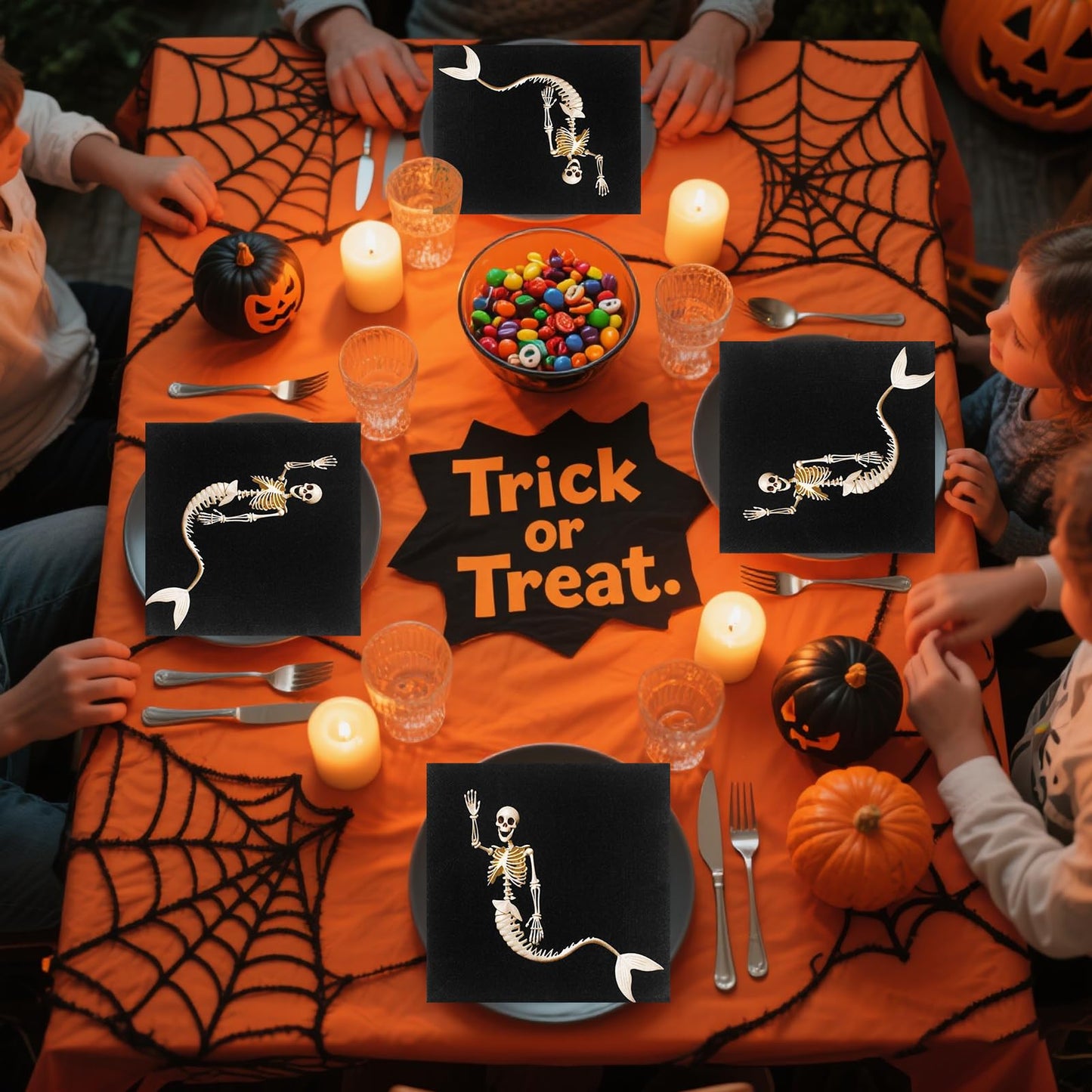 Dulousia 60count Halloween Napkins - 6.5x6.5in Disposable Paper Napkin Mermaid Skeleton Black Napkins for Halloween Get-together, DIY Parties, Holiday Celbration Home Dinner Skull Themed Table Decor