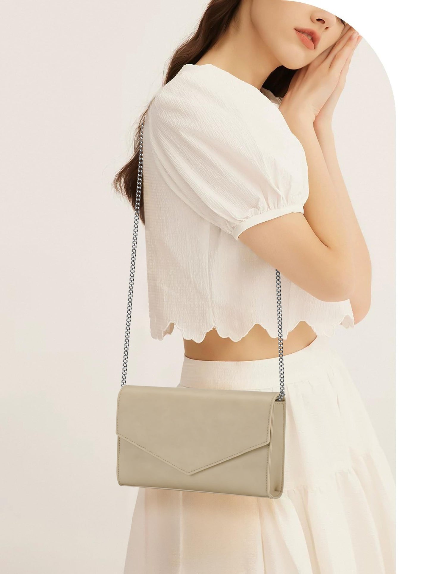 GM LIKKIE Clutch Purse for Women, Evening Envelope Clutch Bag, Crossbody Foldover PU Leather Shoulder Handbag (Beige)