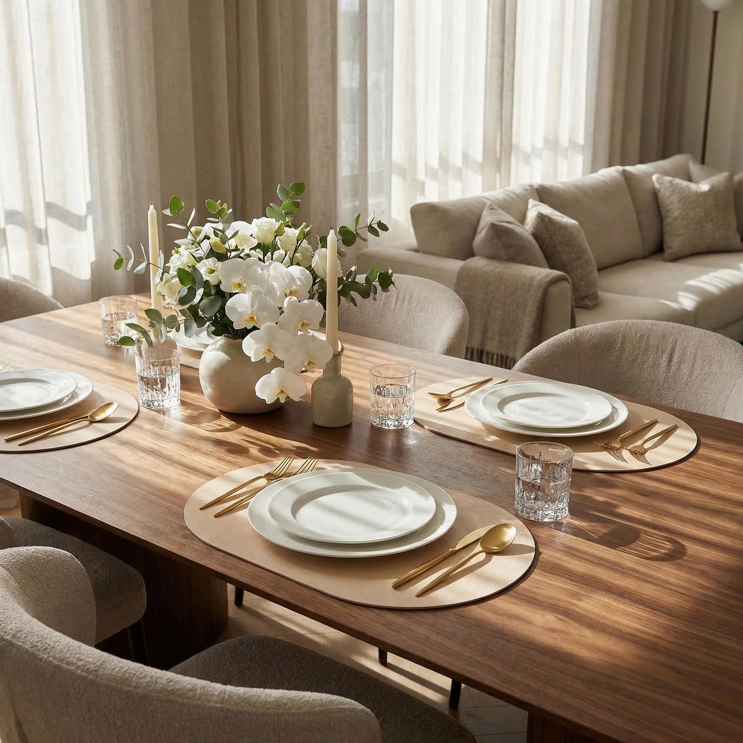 BIPASION Oval Placemats 2mm Ultra Thick Faux Leather Table Mats, Heat Resistant Waterproof Wipeable Dining Mats for Kitchen Table, Set of 12, Beige