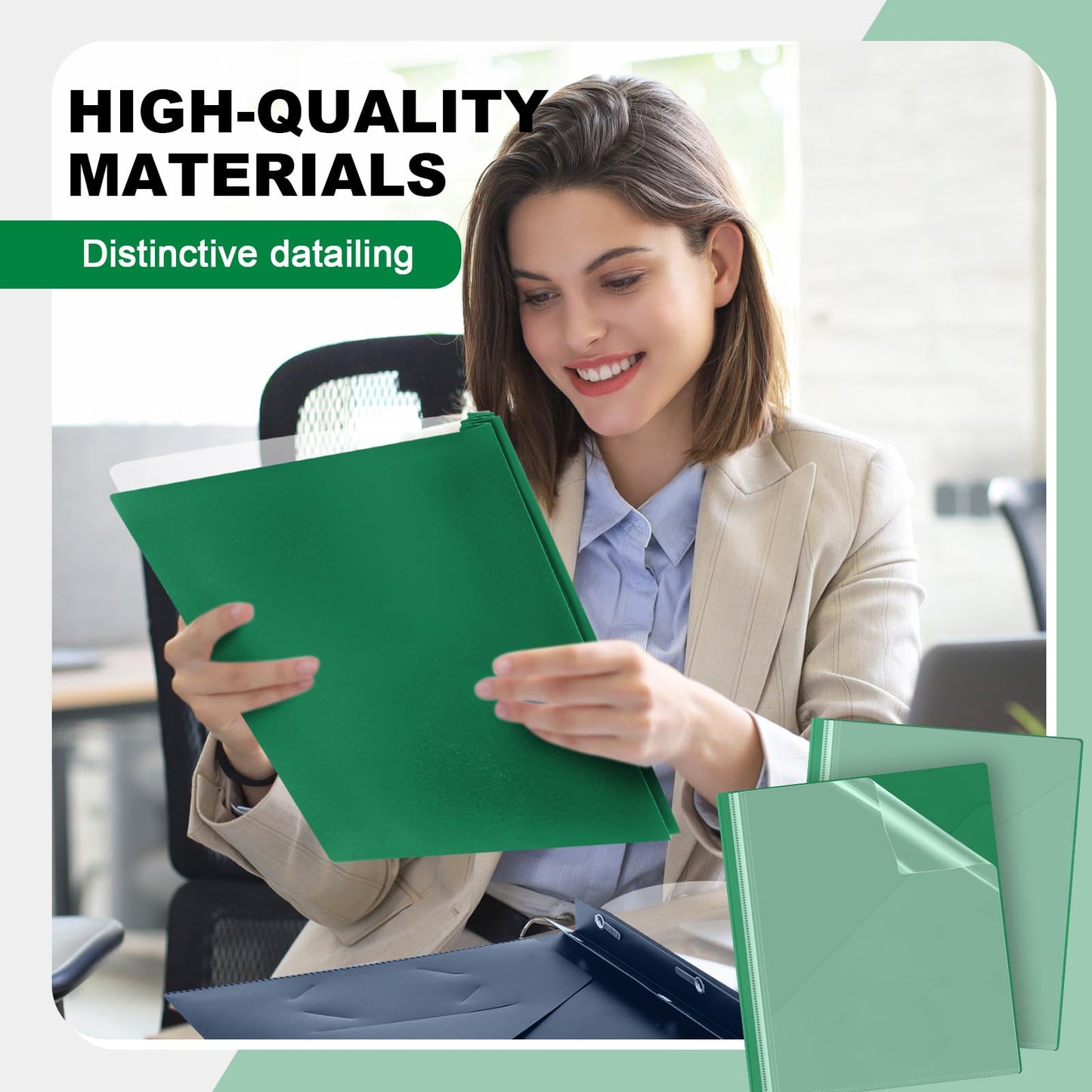 Teling 24 Pcs Clear Front Report Covers with 3 Prongs, Suit for A4/8.5'' x 11'' Letter Size Paper, Plastic Green Presentation Folders Bulk, 90 Sheet Capacity, for School Business