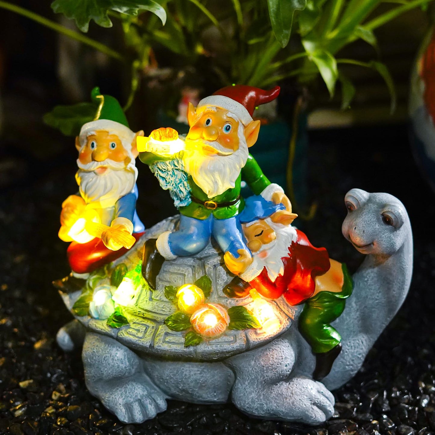 NATASE Solar Garden Outdoor Statues Gnome Turtle Three Gnomes Having Party on Turtle with 7 LED Lawn Decor Outside Decorations for Patio, Balcony, Yard Ornament Unique Garden Gift