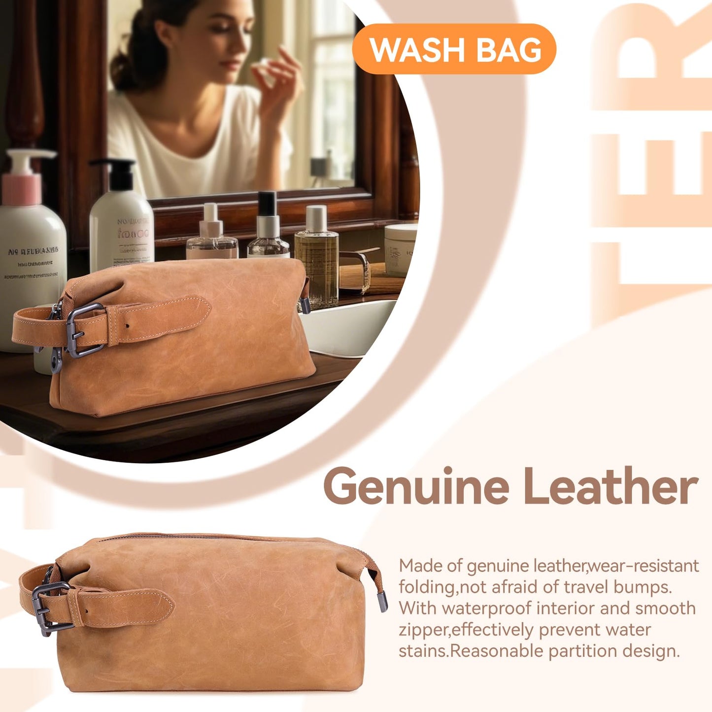 MCKDERWRILL Multi-functional Leather Travel Toiletry Bag - Full-grain leather Water-Resistant Travel, Shaving & Cosmetic Organizer for Men & Women - Compact Bathroom Essentials (Brown)