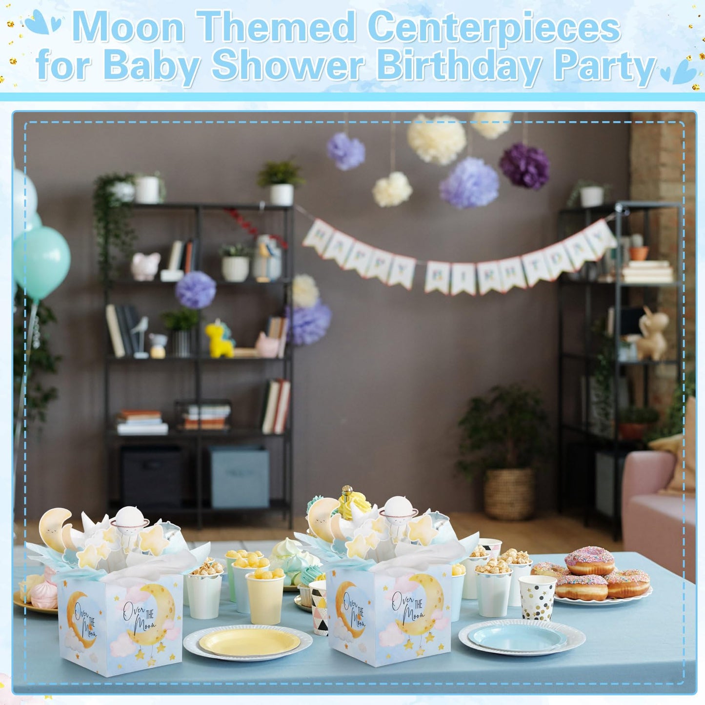 Spiareal 9 Set Moon Themed Party Decorations Moon Themed Table Centerpieces with Boxes Star Cloud Cutouts Toppers Wooden Sticks and Tissue Paper Baby Shower Gender Reveal Party Table Decor
