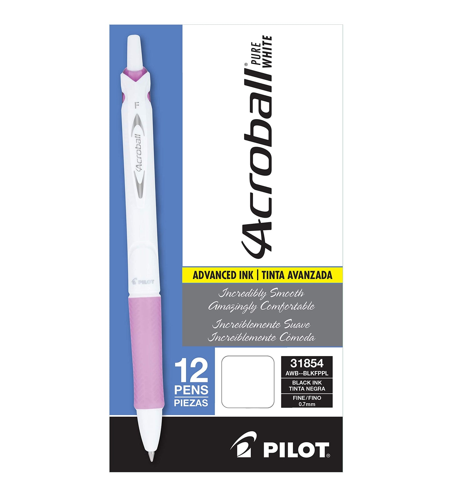 PILOT Acroball Pure-White Advanced Ink Refillable & Retractable Ball Point Pens with Purple Accents, Fine Point, Purple Ink, 12-Pack (31854)