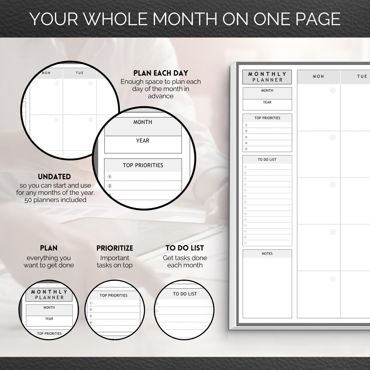 Templatables Monthly To Do List Notepad | Monthly Planner Desk Pad, Brain Dump, Organizer and Priority List | 50 Undated Tear Away Sheets | A4 (Mono)