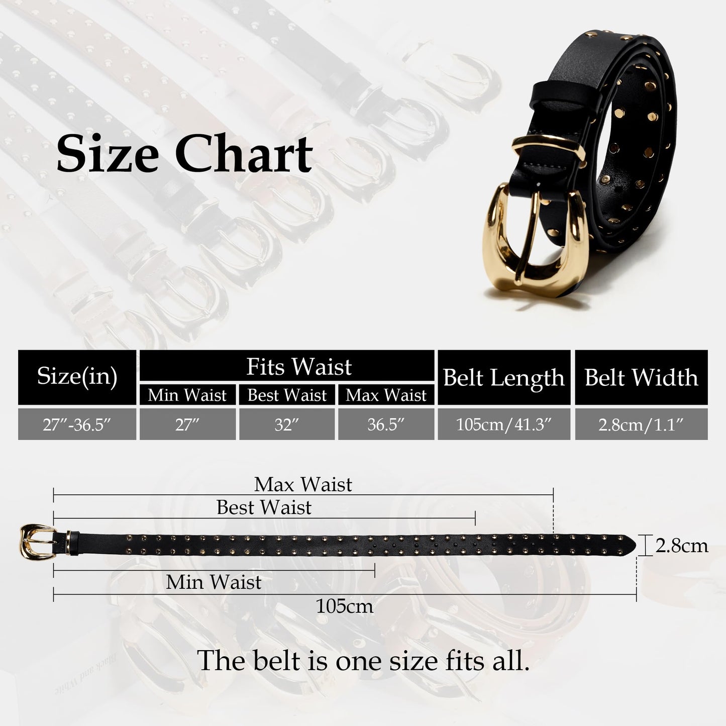 Asaloy Women's Studded Genuine Leather Belts,Adjustable Womens Waist Belts for Jeans Dresses and Pants Punk Belt (Black gold+White gold belt(2P), Waist circumference 27-36 inches)