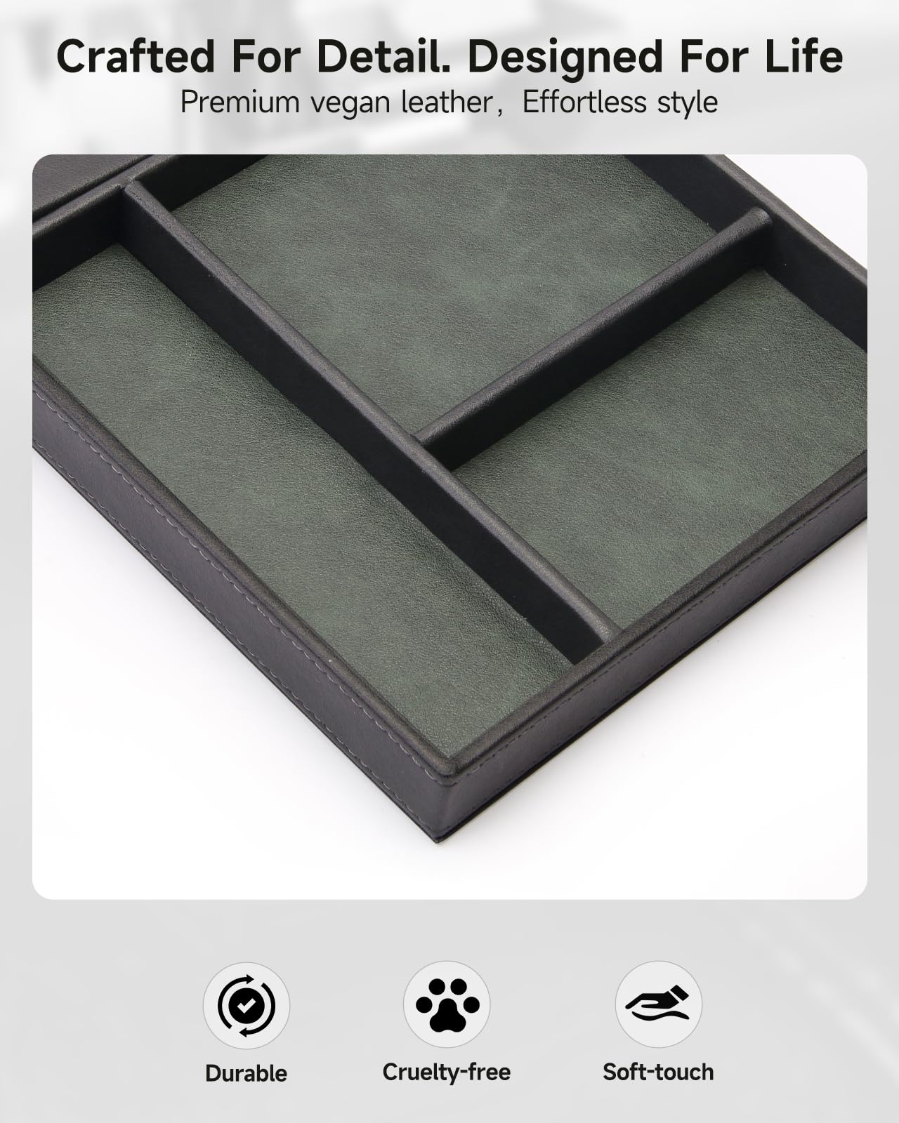 Valet Tray, Built in Wireless Charging Pad, Nightstand Organizer, Two-Toned Premium Vegan Leather Desk Bedside Caddy Organizer Tray for Keys, Watch, Wallet, Jewelry (Black+Green)