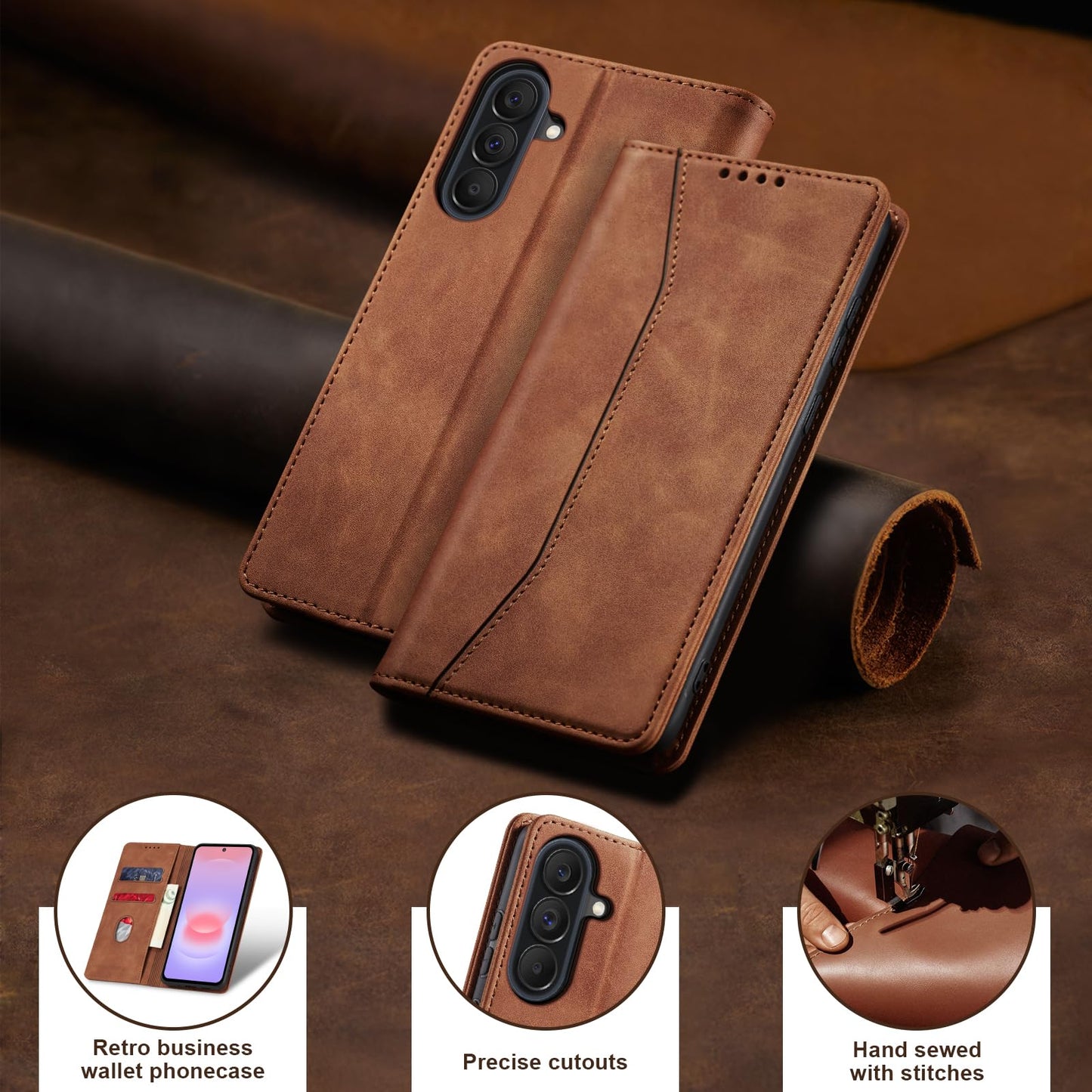 Jasonyu Flip Wallet Case for Samsung Galaxy A37 5G,Leather Magnetic Folio Cover with Card Holder,Kickstand - TPU Shockproof Durable Protective Phone Case,Brown