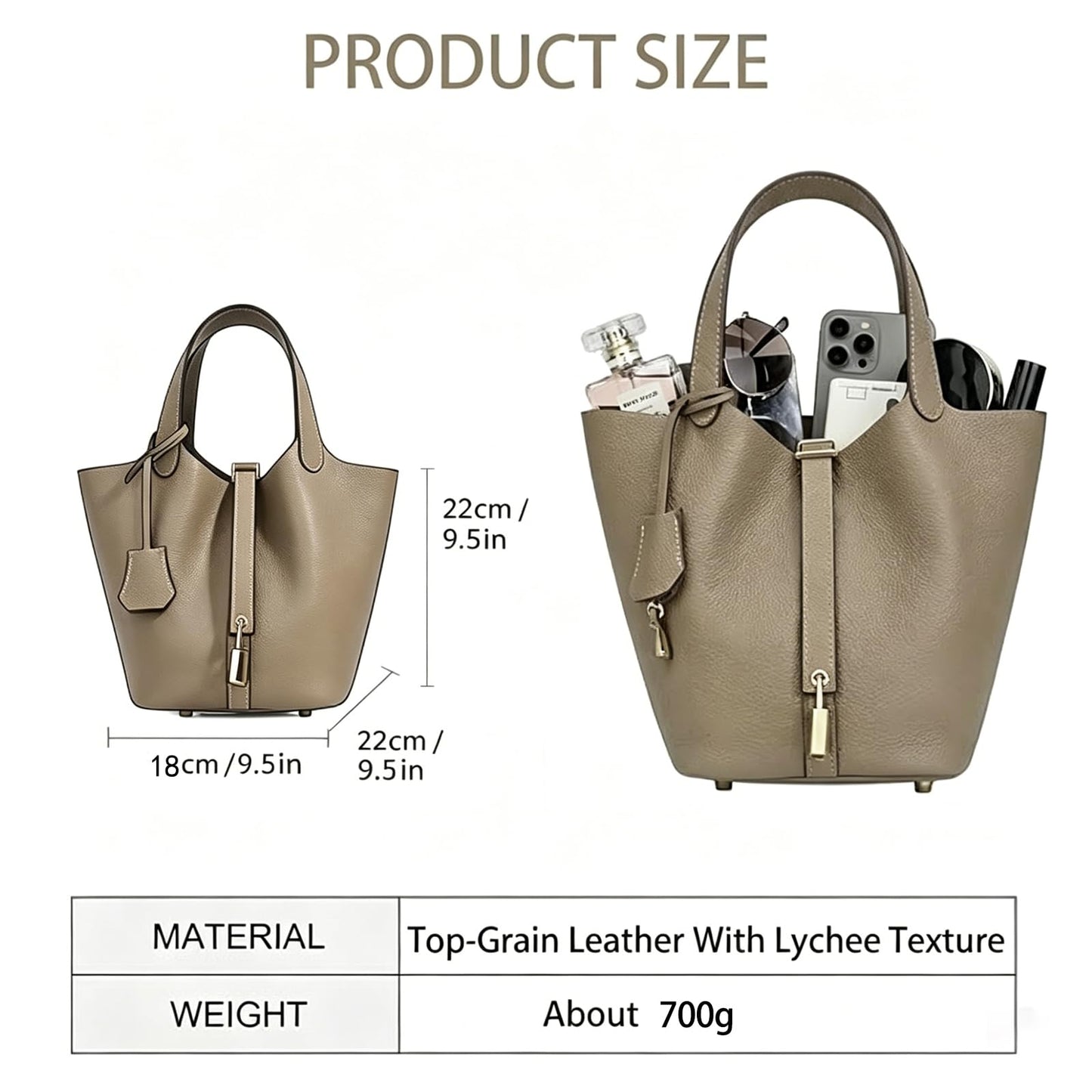HRANRA Genuine Leather Lock Design Bucket Bag for Women, Vegetable Basket Fashionable Versatile Handbag (Grey)