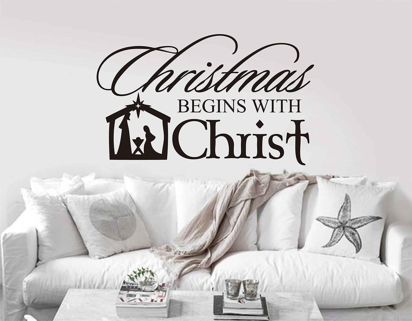 Christmas Begins with Christ Wall Decal Religious Nativity Scene Vinyl Wall Decor Stickers Window Stickers LL2210 (Black)