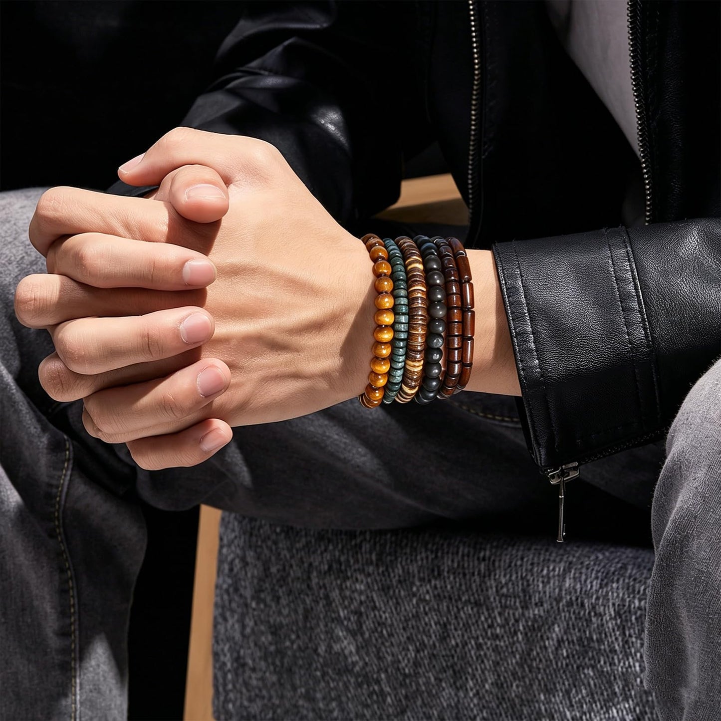 JAVMOO 45 Pcs Wooden Bead Bracelets for Men Women, Boho Multiple Sets Leather Wrap, Hemp Cords, Stack Wood Beads, Ethnic Tribal Cuff Jewelry Wristbands