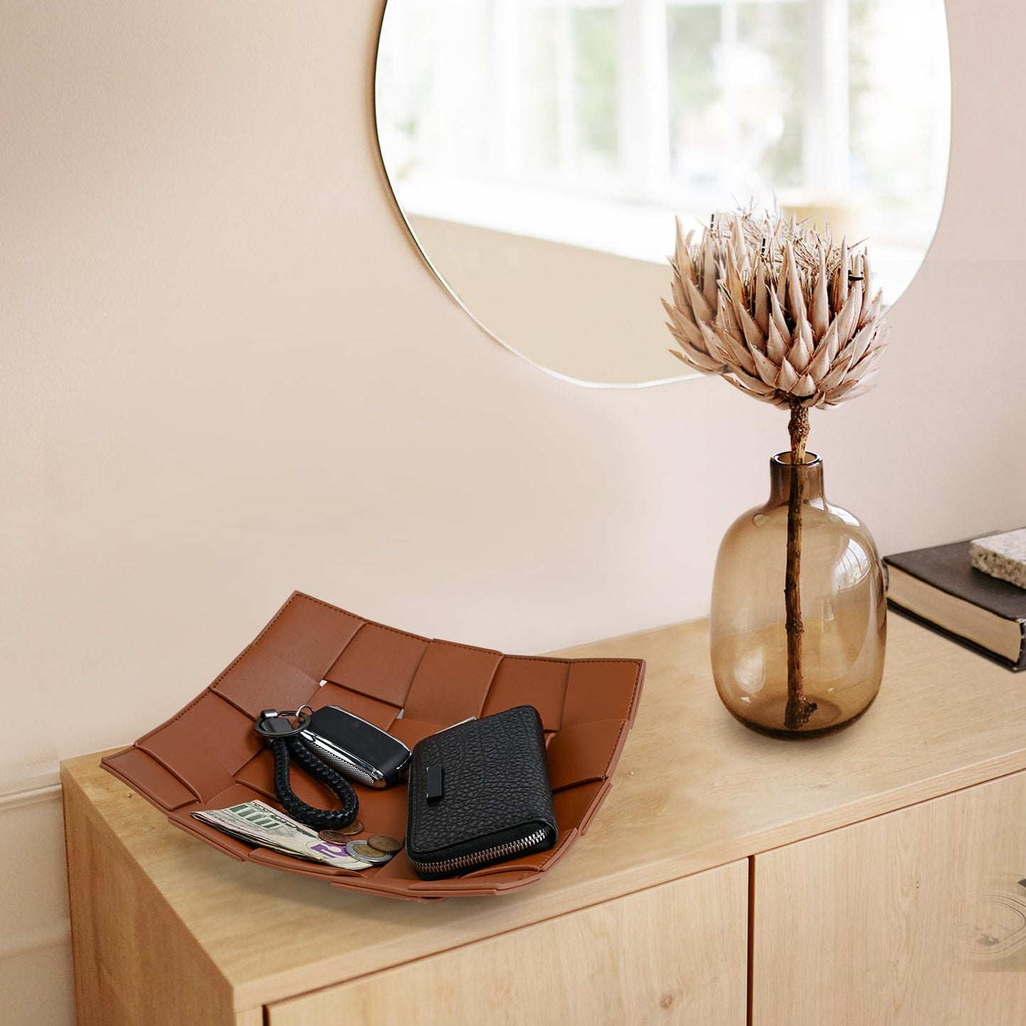Valet Tray PU Leather Key Holder Bowl for Men and Women Entryway Table Nightstand Catchall Storage Organizer EDC Dump Tray for Wallet, Keys, Coins Men's Gift - Brown, 9.8" L x 9.8" W x 2" H