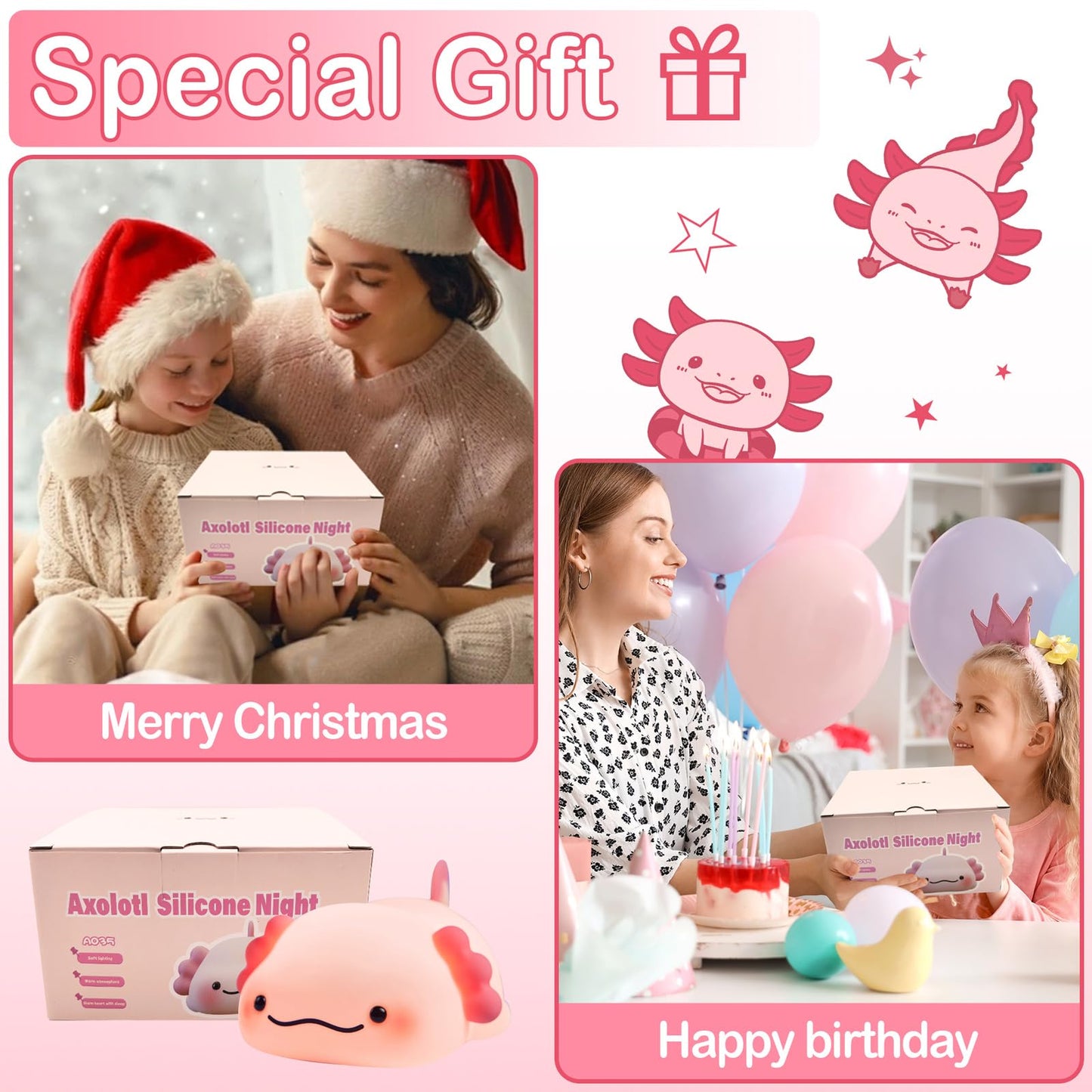 LettreQ Axolotl Night Light for Kids, Rechargeable Cute Squishy lamp - Silicone Adorable Christmas Axolotl Gifts for Kids - Nightlight Nursery Animal Touch Light - Bedroom Decor for Boy, Girls