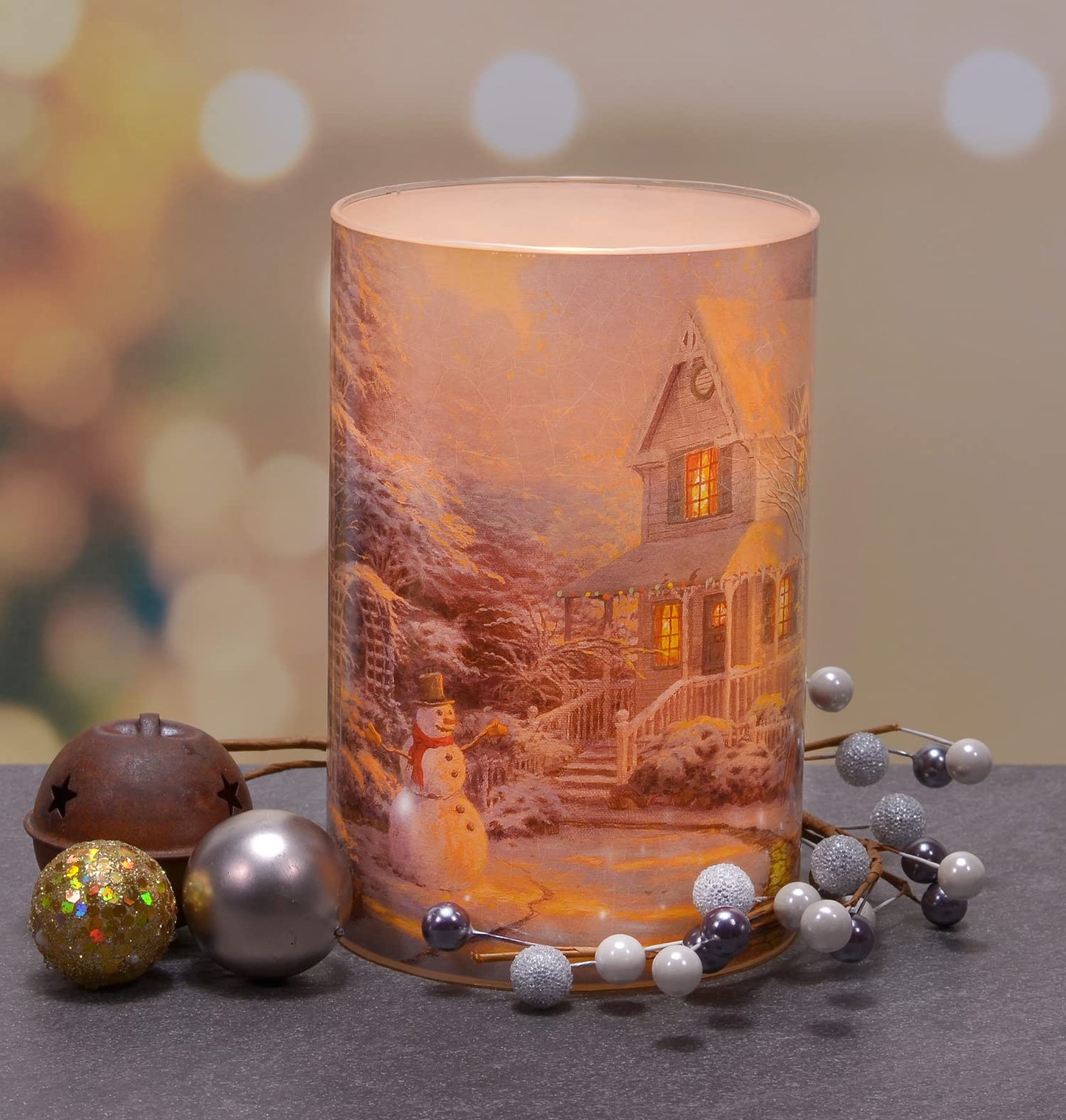 Mark Feldstein & Associates Thomas Kinkade The Night Before Christmas Flameless LED Glass Pillar Candle, 4 x 6 Inch