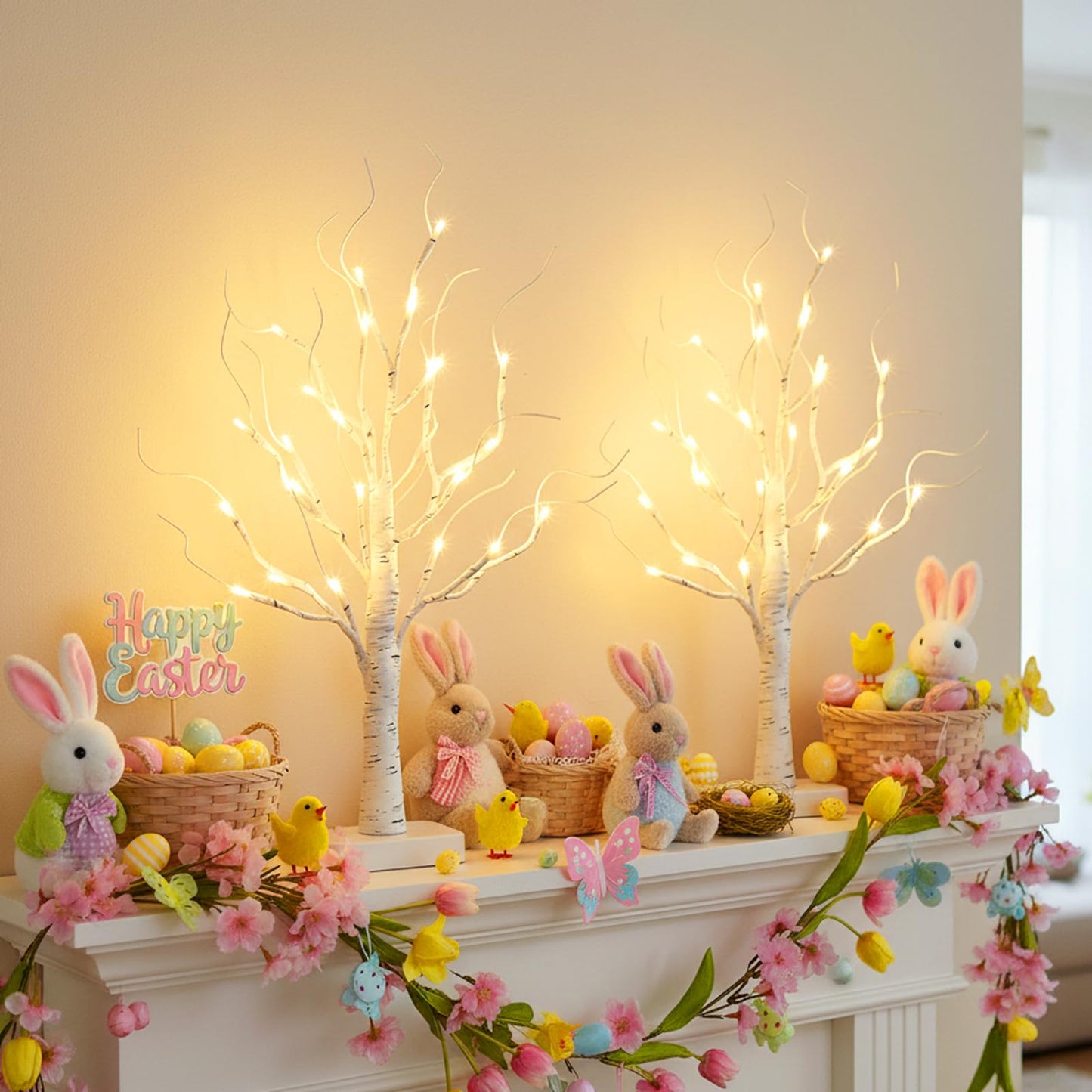 EAMBRITE Birch Tree with Led Lights, White Christmas Tree, Lighted Mini Small Artificial Tree Lamp Prelit Twig Trees Timer Battery Operated for Table Centerpiece Easter Home Decorations Indoor 2Pack