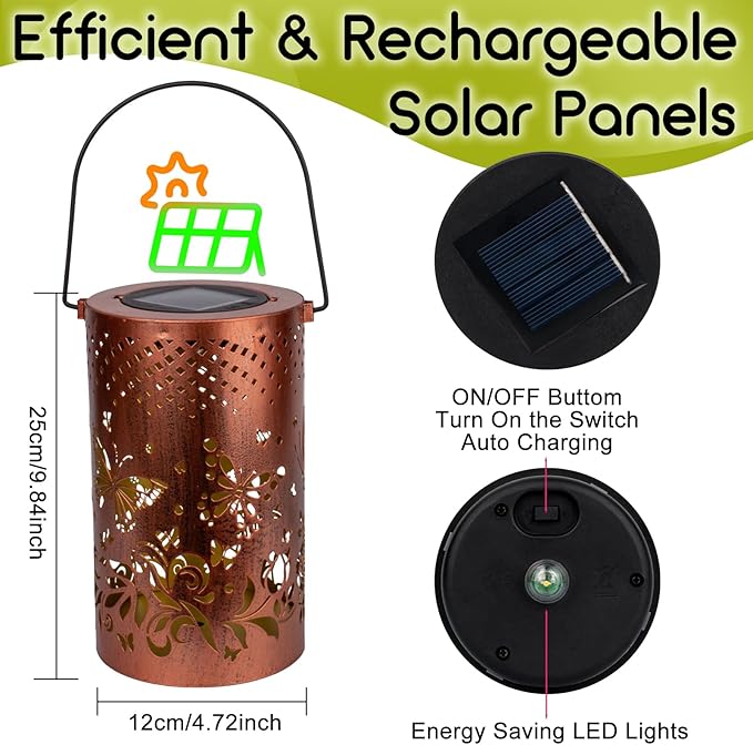Boho Solar Lanterns Outdoor 2 Pack - Birthday Gifts for Mom Grandma Metal Hanging Solar Powered Unique Garden Decorative LED Lights for Outside Yard Patio Lawn Porch Decor (Butterfly 2 Pack)