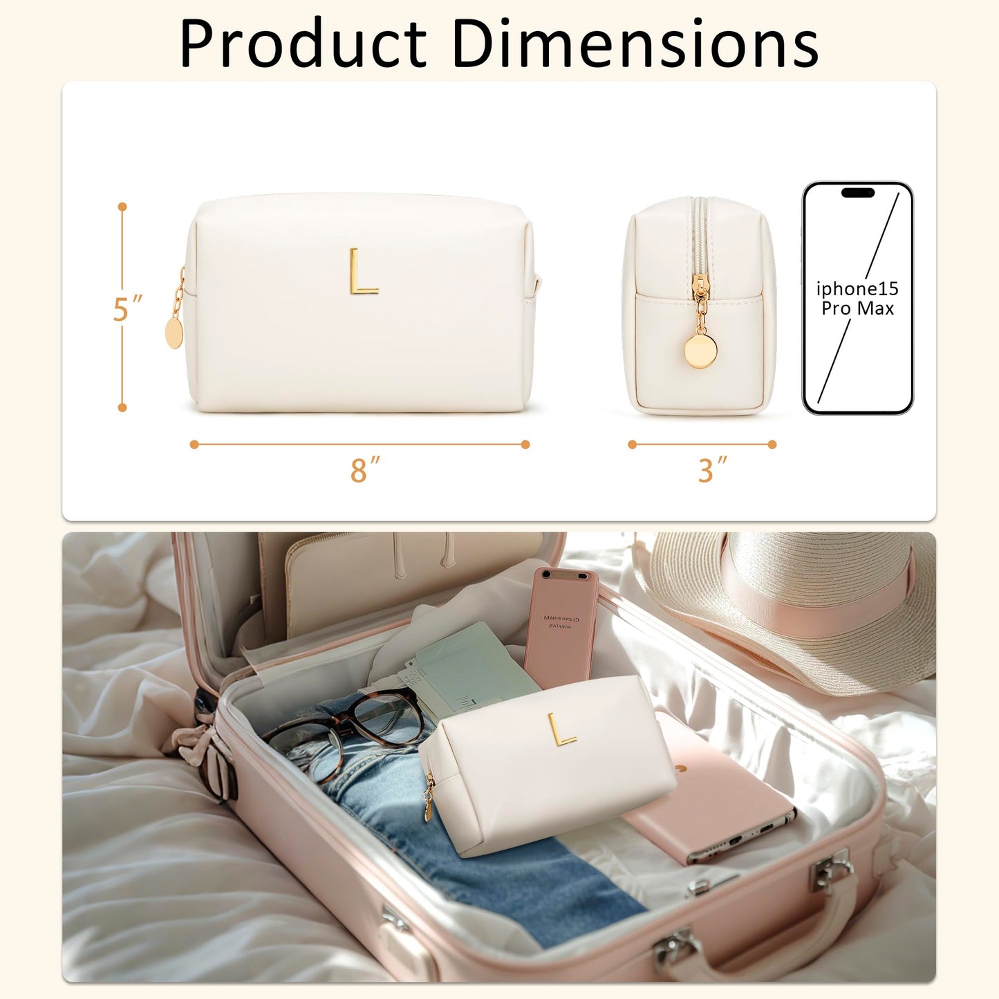 CLOUDWINGS Gifts for Women Bridesmaid Gifts Personalized Initial Makeup Bag PU Leather Cosmetic Waterproof Travel Toiletry Bag (L)