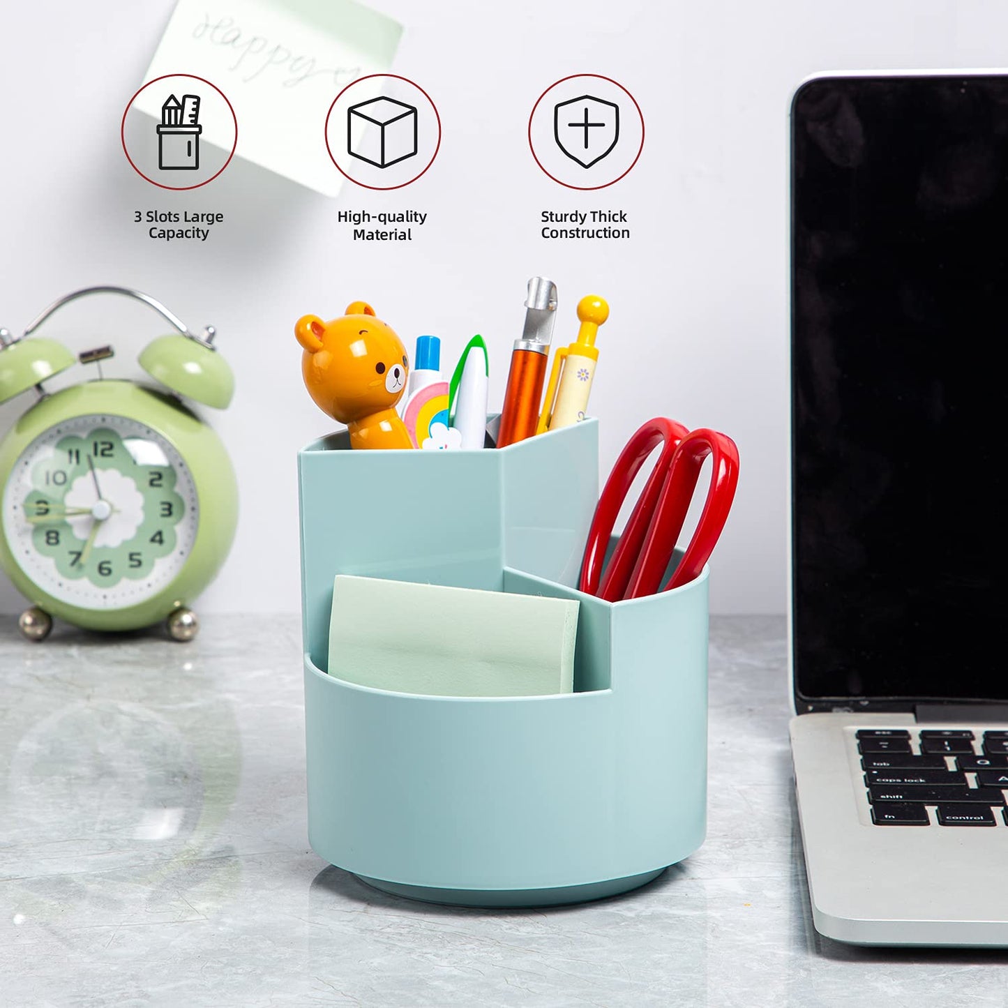EDENMS Desk Pencil Pen Holder, 3-Slot 360 Spinning Desk Organizer, Cute Pencil Cup Pot for Office, School, Art Supply - Blue