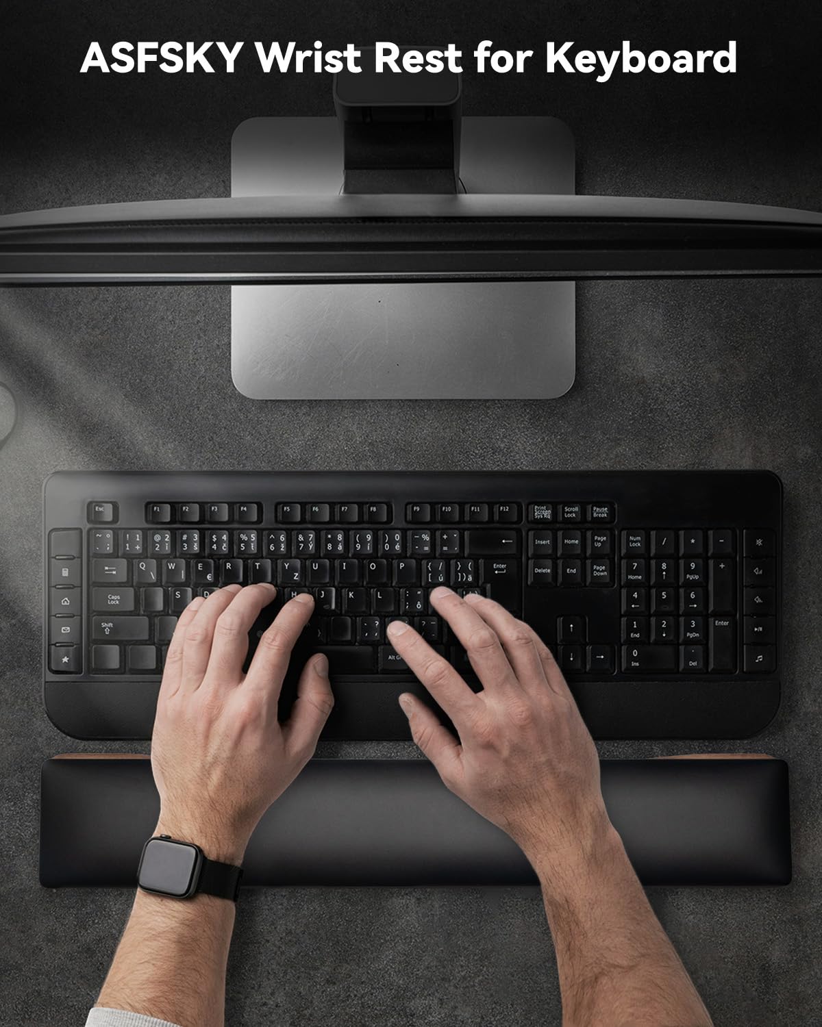 ASFSKY Keyboard Wrist Rest, Ergonomic Memory Foam Wrist Pad with PU Leather & Wooden Base, Non-Slip and Easy-to-Clean Design, Wrist Support for Mechanical Keyboard, Gaming & Office Use (Black)