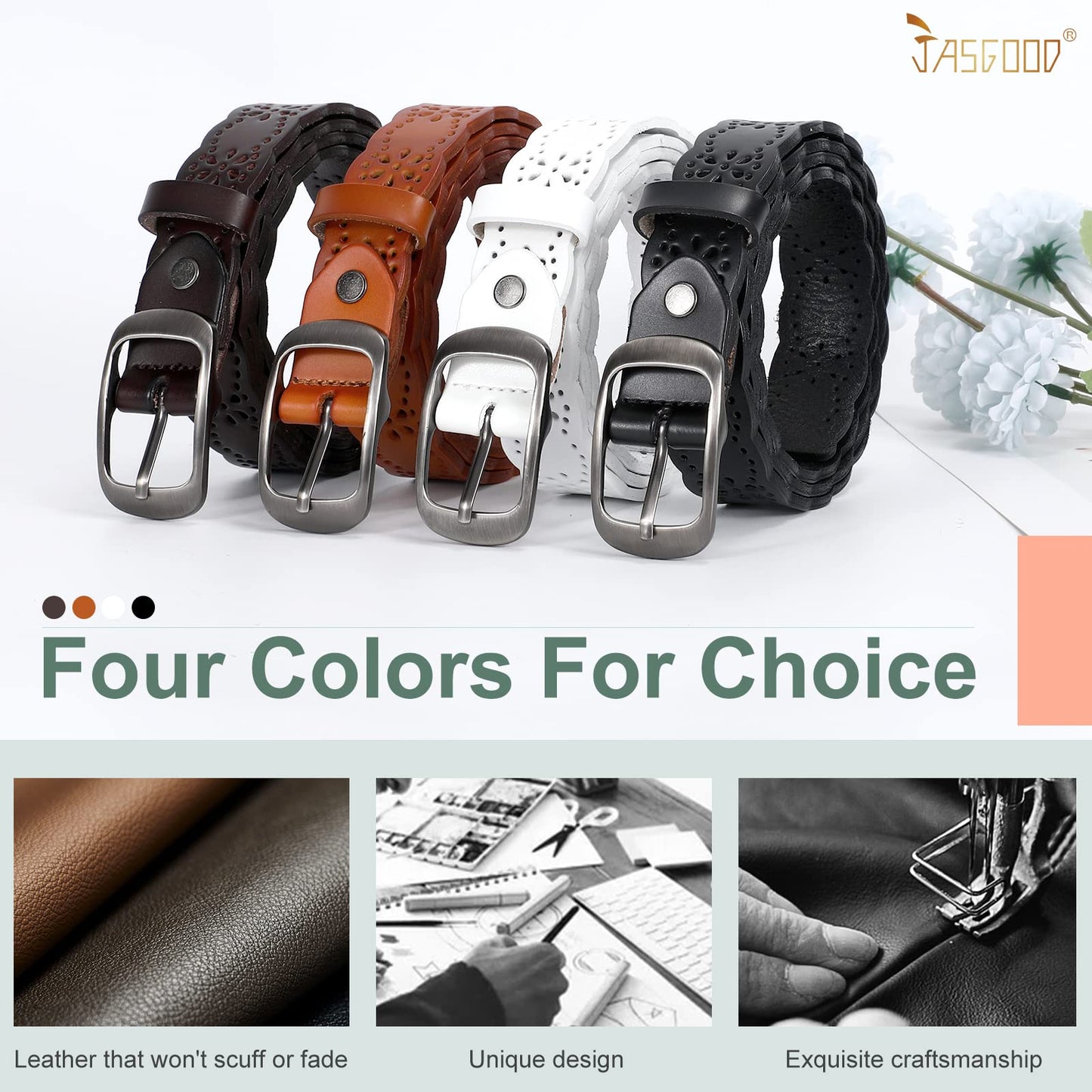 JASGOOD Women Hollow Flower Leather Belt for Jeans Pants Soft Leather Belt with Solid Pin Buckle(Coffee, Fit Waist Size 29-32 Inches)