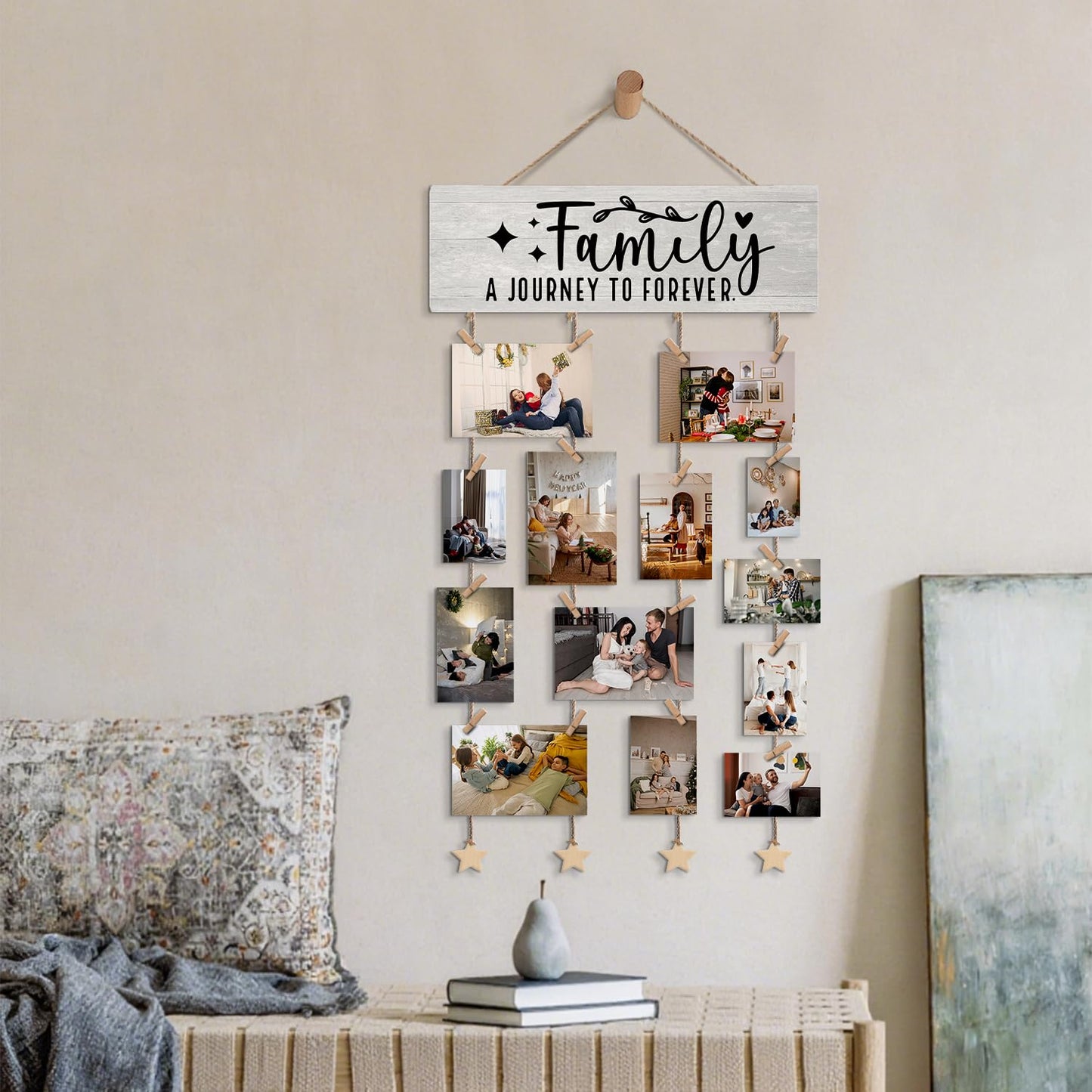 ELMCH Family Picture Frame Photo Hanging Display with Clips, Family Reunion Gifts, Families a Journey to Forever Picture Board Photo Holder for Wall Decor