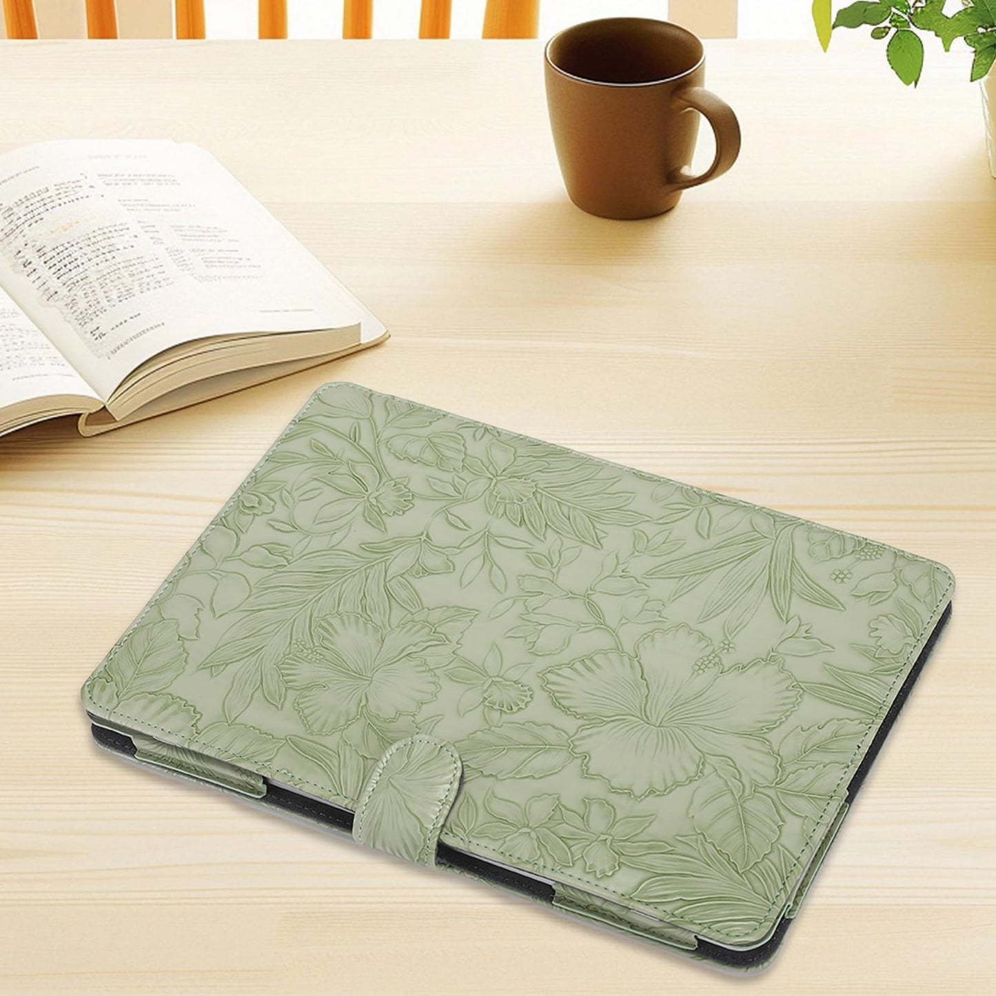 MOSISO Case Compatible with MacBook Air 13.6 inch M5 M4 M3 M2 2026-2022 /Air 13 M1 2022-2018 /Pro 13 M2 M1 2022-2016, Embossed Retro Hibiscus PU Leather Portfolio Protective Stand Cover, Sage Green