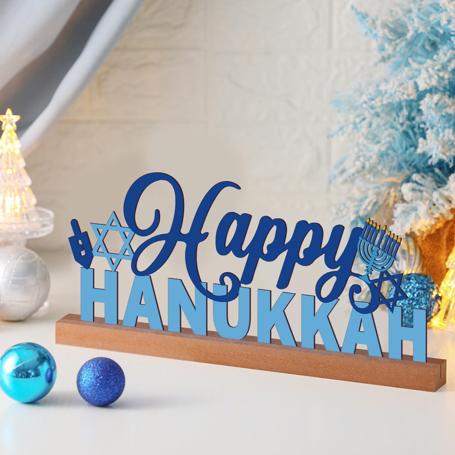 Yaocom 13.78 Inch Happy Hanukkah Table Decoration Happy Hanukkah Metal Letter Sign Star of David Freestanding Tabletop Centerpiece with Wooden Base Cutout Word Sign for Home Mantel Shelf Fireplace