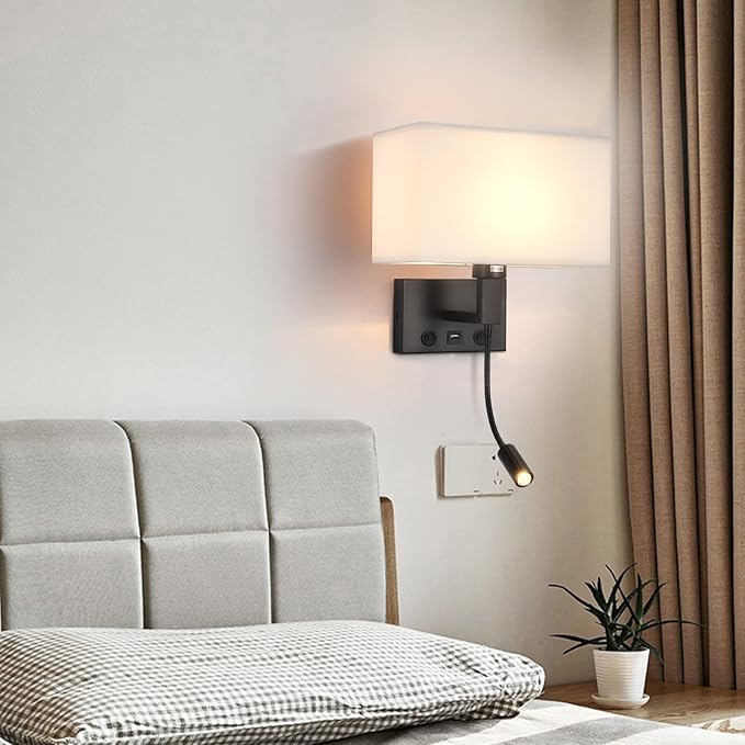 Black Wall Sconces, Hardwired Wall Lamp with USB Port and Reading Lamp, Fabric Shade Bedside Wall Lights with Reading Lamp for Bedroom Living Room Hotels Corridors (Black)