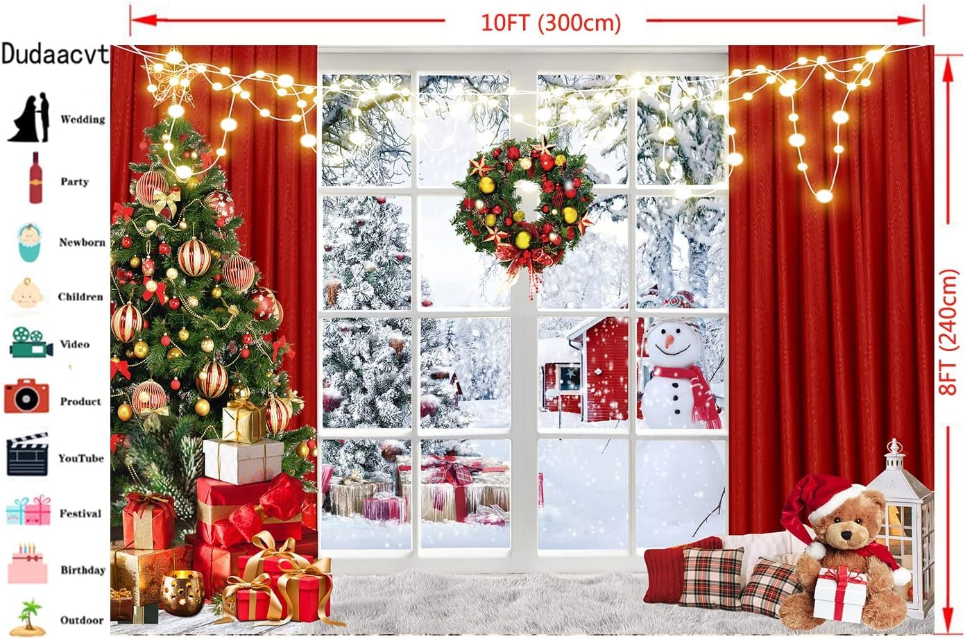 Christmas Window Backdrop 10x8ft Red Curtain Photography Backdrop Winter Xmas Party Banner Decorations Background Xmas Holiday Party Photo Booth D649