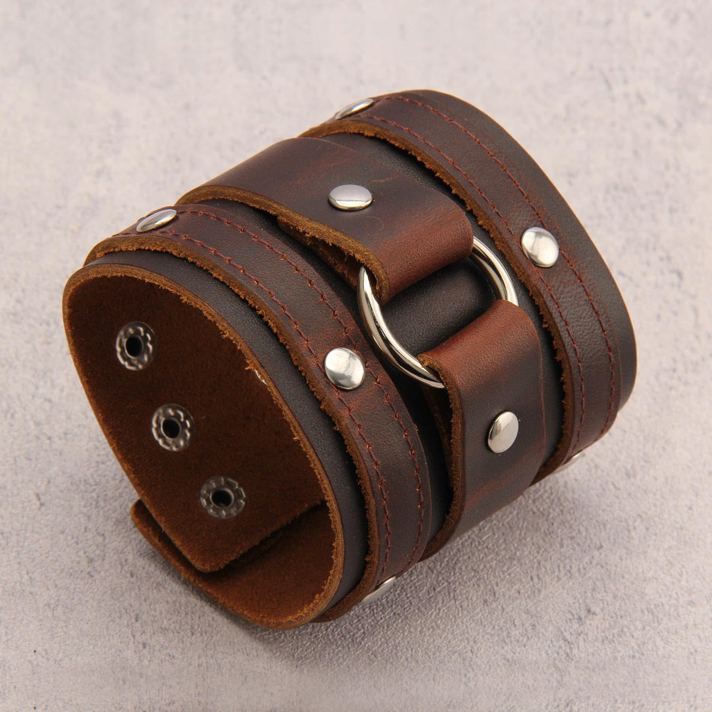 GelConnie Genuine Leather Wristband Punk Alloy Buckle Bracelet Brown Arm Cuff Wide Leather Wristband Cuff Bracelet for Men