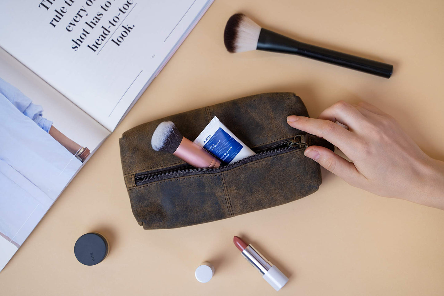 KomalC Genuine Buffalo Leather Zip-Lock Cosmetic & Pencil Pouch – Versatile Makeup and Stationery Case