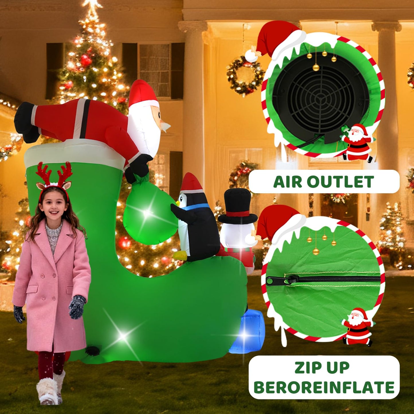 InfleasJoiy 7FT Santa Claus Inflatable Decoration with Built-in LED Lights, Christmas Outdoor Inflatable Decoration for Lawn, Yard, Garden, Patio