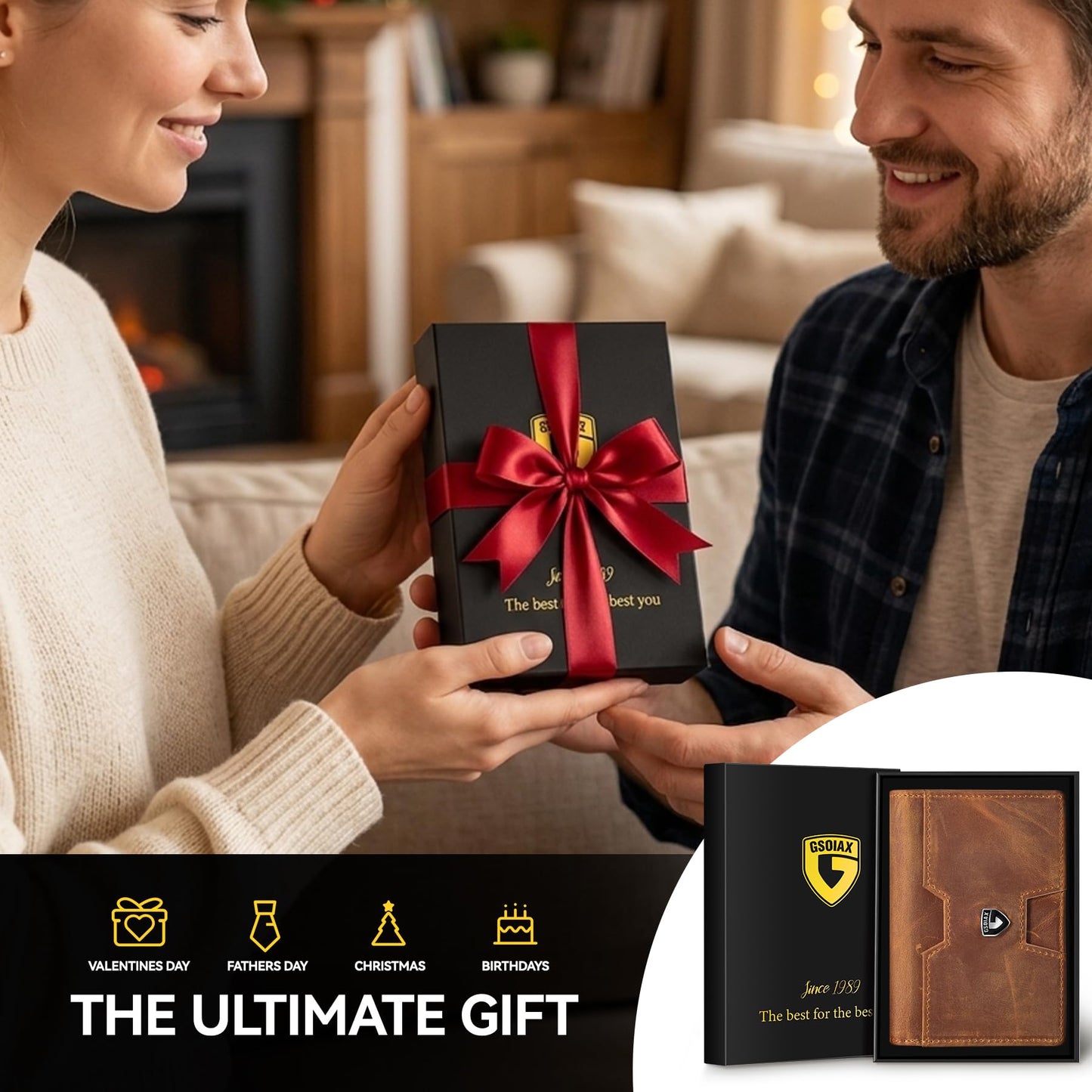 GSOIAX Wallet for Men, Slim Top Grain Leather Wallet with 13 Card Slots & 1 Bill Compartment - RFID Blocking Thin Minimalist Bifold, Front Pocket Credit Card Holder, Mens Birthday Gift (Brown)