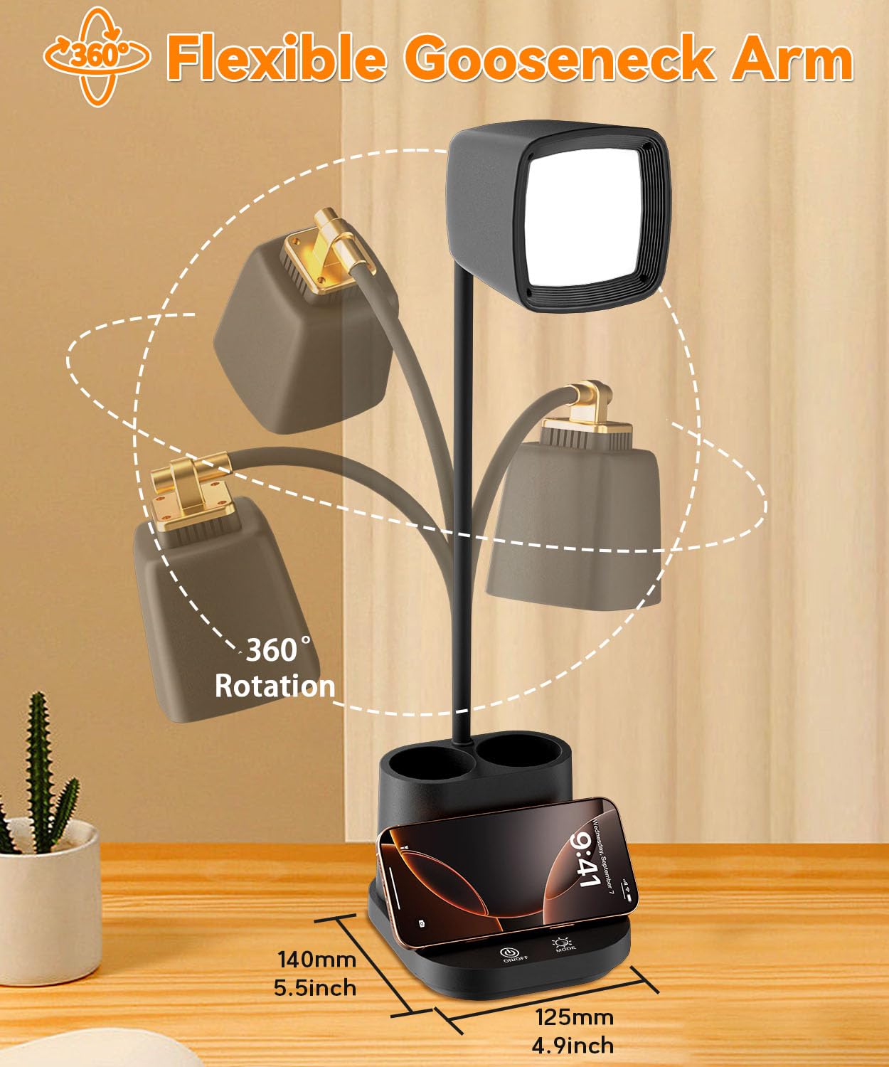 LED Desk Lamp with USB Charging Ports & Organizer, Small Table Lamps for Home Office/Bedroom/College Dorm Room,Gooseneck Desk Light with Charger for Study/Reading/Craft/Work/Task, Dorm Room Essentials