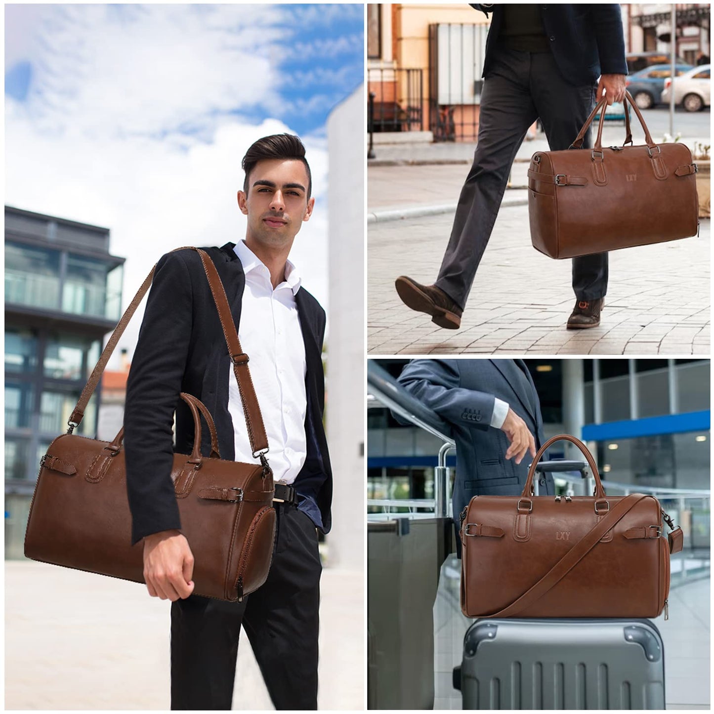 Vegan Leather Duffle Bag, LXY Travel Duffle Weekender Bag with Shoe Compartment, Duffel Overnight Gym Bags for Women Men Brown