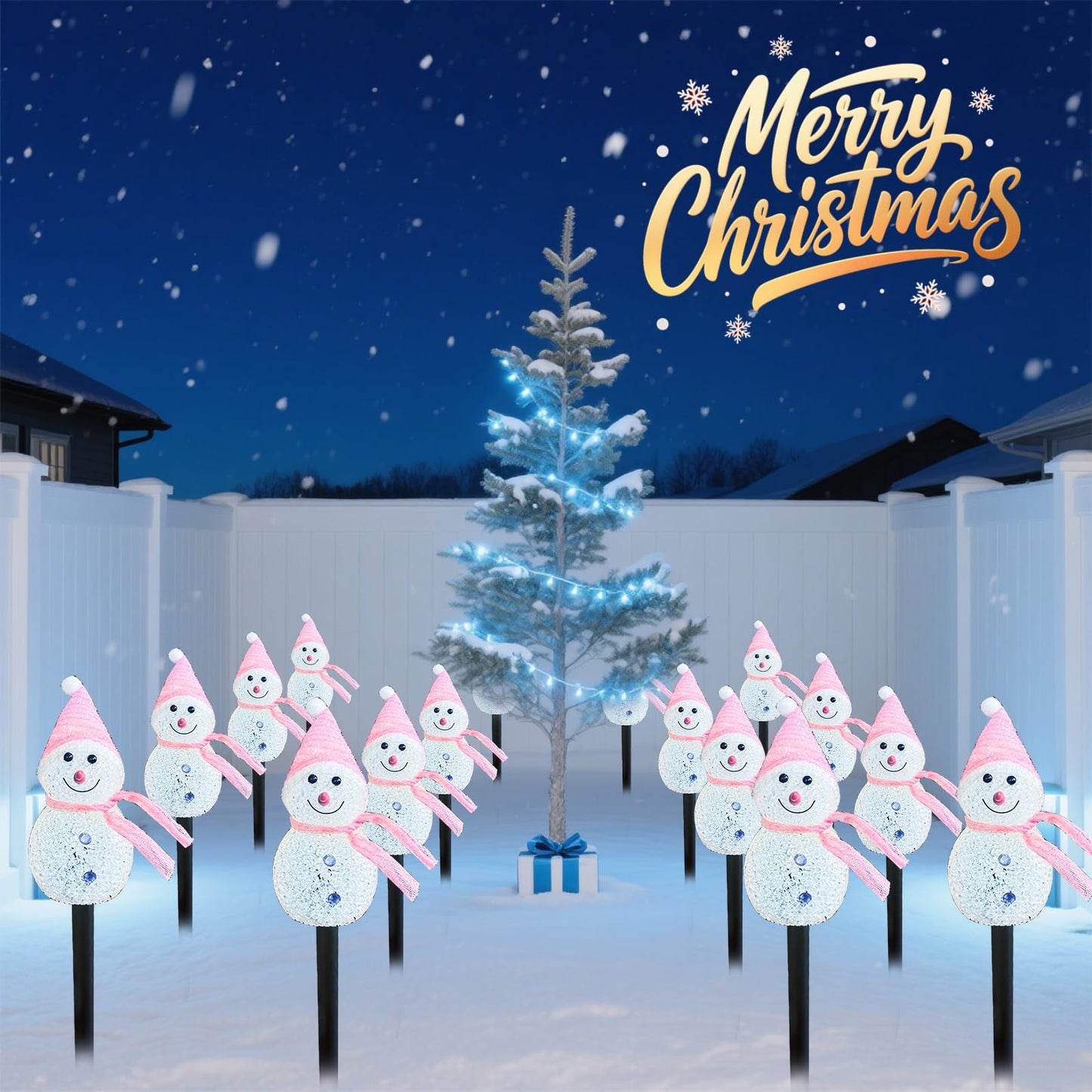 Taoushuleng Christmas Pink Snowman Pathway Lights, Solar Powered Snowman Light with 4 Stakes with 8 Lighting Modes for Pathway, Winter Yard, Garden Decor (Pink Snowman)