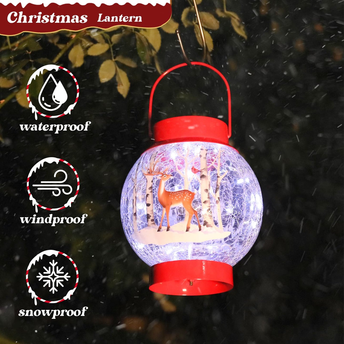 MUMTOP Solar Lantern Christmas Cardinal Reindeer Light, Crackle Glass Christmas Lanterns Hanging Solar Lights Outdoor LED Waterproof Tabletop Lamp for Table Yard Garden Patio Lawn Christmas Decor