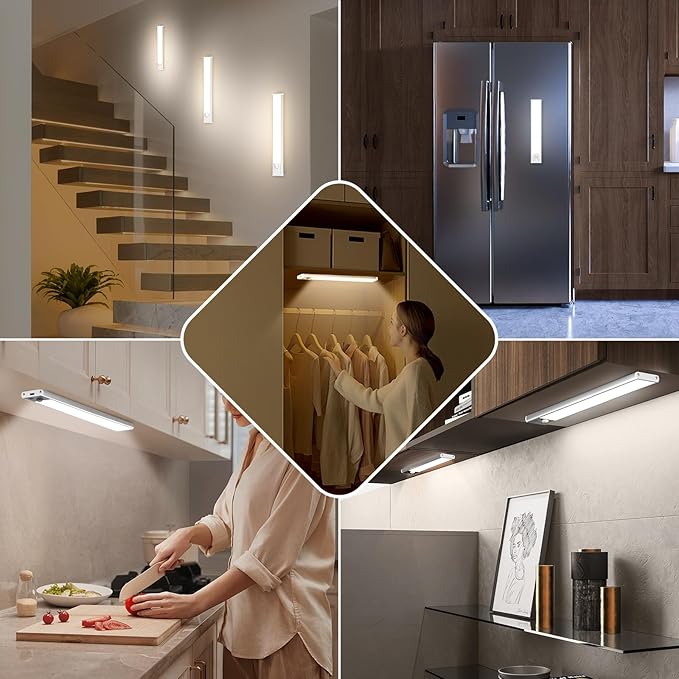 Motion Sensor Under Cabinet Lights, 2500mAh 12inch Battery Operated Wireless Under Counter Lights Indoor, Magnetic 108-LED Dimmable Closet Lights for Kitchen with 3 Color Temperature, 3 Packs