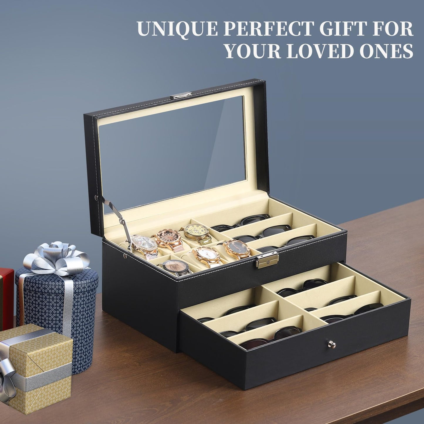 AUTOARK Leather 6 Watch Box Jewelry Case and 9 Piece Eyeglasses Storage and Sunglass Glasses Display Drawer Lockable Case Organizer,Black,AW-048