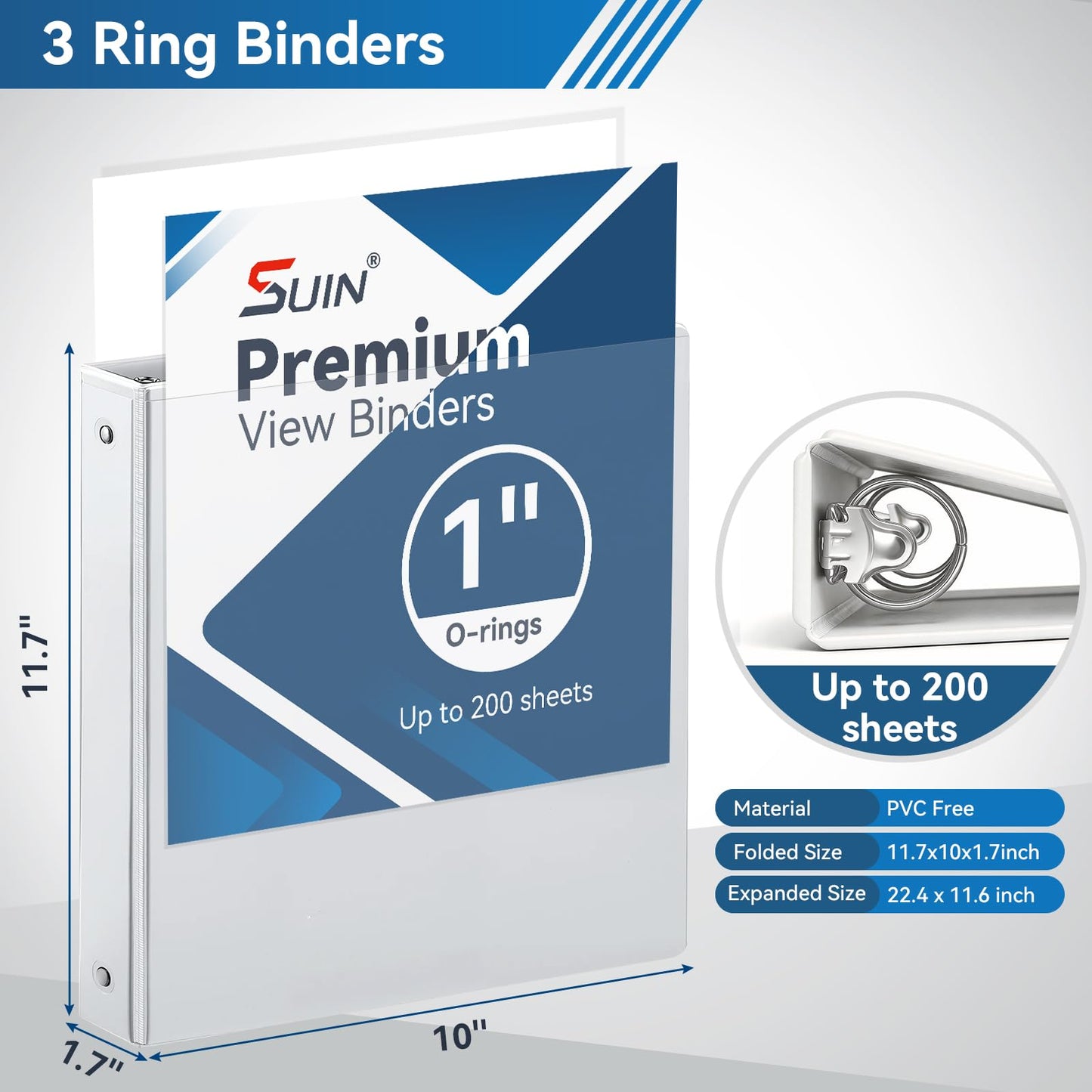 SUIN 1-inch 3 Ring Binder with 2 Interior Pockets, 1''Durable Binders Holds US Letter Size 8.5'' x 11'' Paper - Versatile Binders for Office, Home, and School Use, 6 Pack White