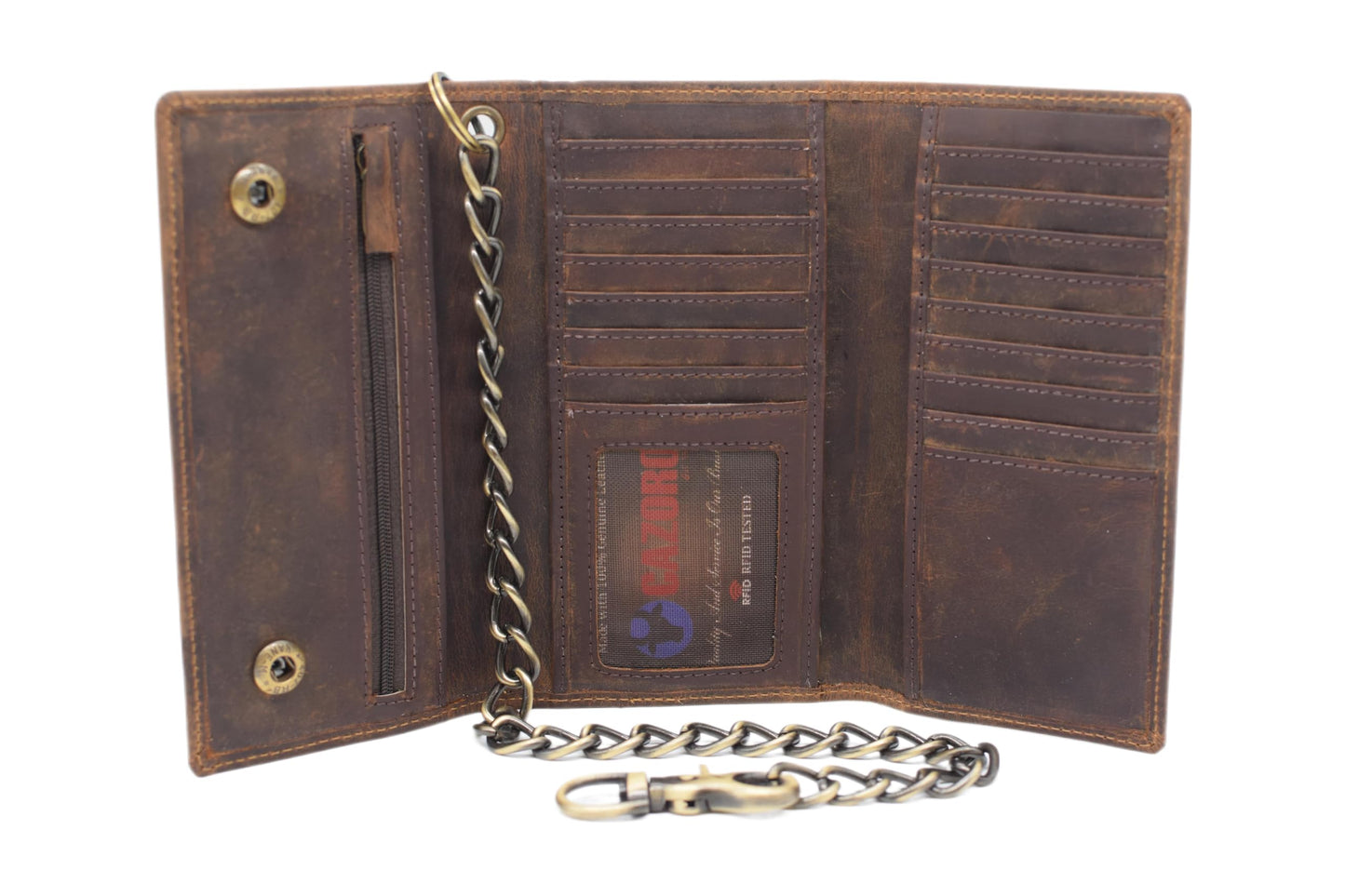 CAZORO Biker Skull Chain Wallet RFID Signal Blocking Men's Vintage Leather Long Tri-fold Chain Checkbook Card ID Wallet (Skull Brown)