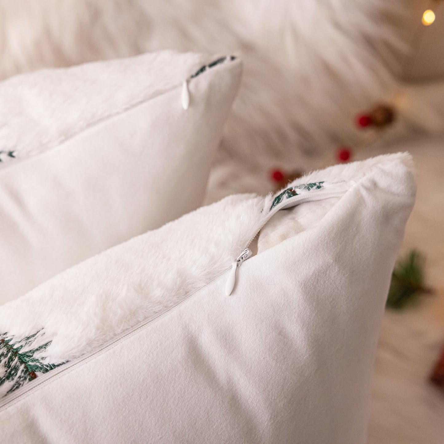 AQOTHES Christmas Tree Green Throw Pillow Covers 18x18, Soft Faux Fur Embroidered Throw Pillows for Couch Sofa Cushion Covers Holiday Home Decor