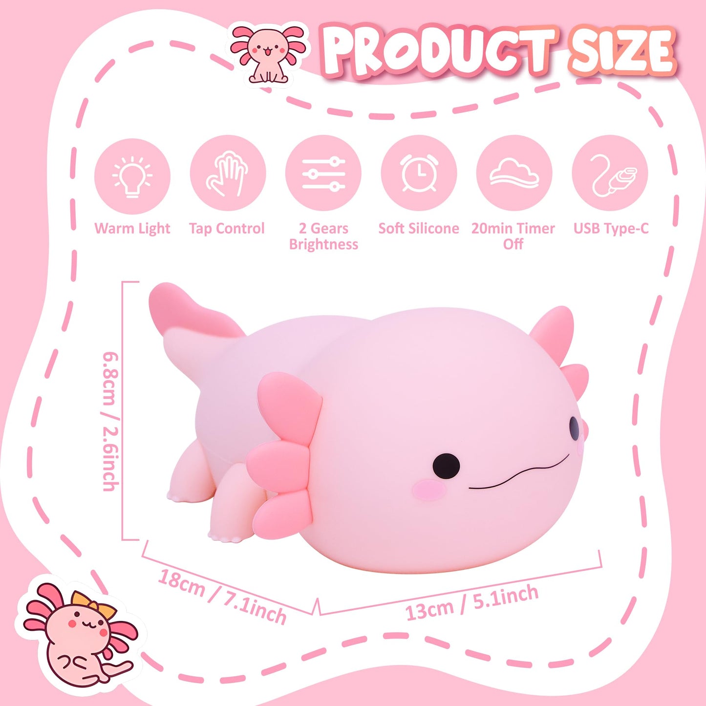 Lampeez Axolotl Gifts, Cute Axolotl Night Light, Soft Silicone Lamp Nursery Nightlight LED Touch Light, Bedroom Decor as Xmas Birthday Gift for Boys Girls